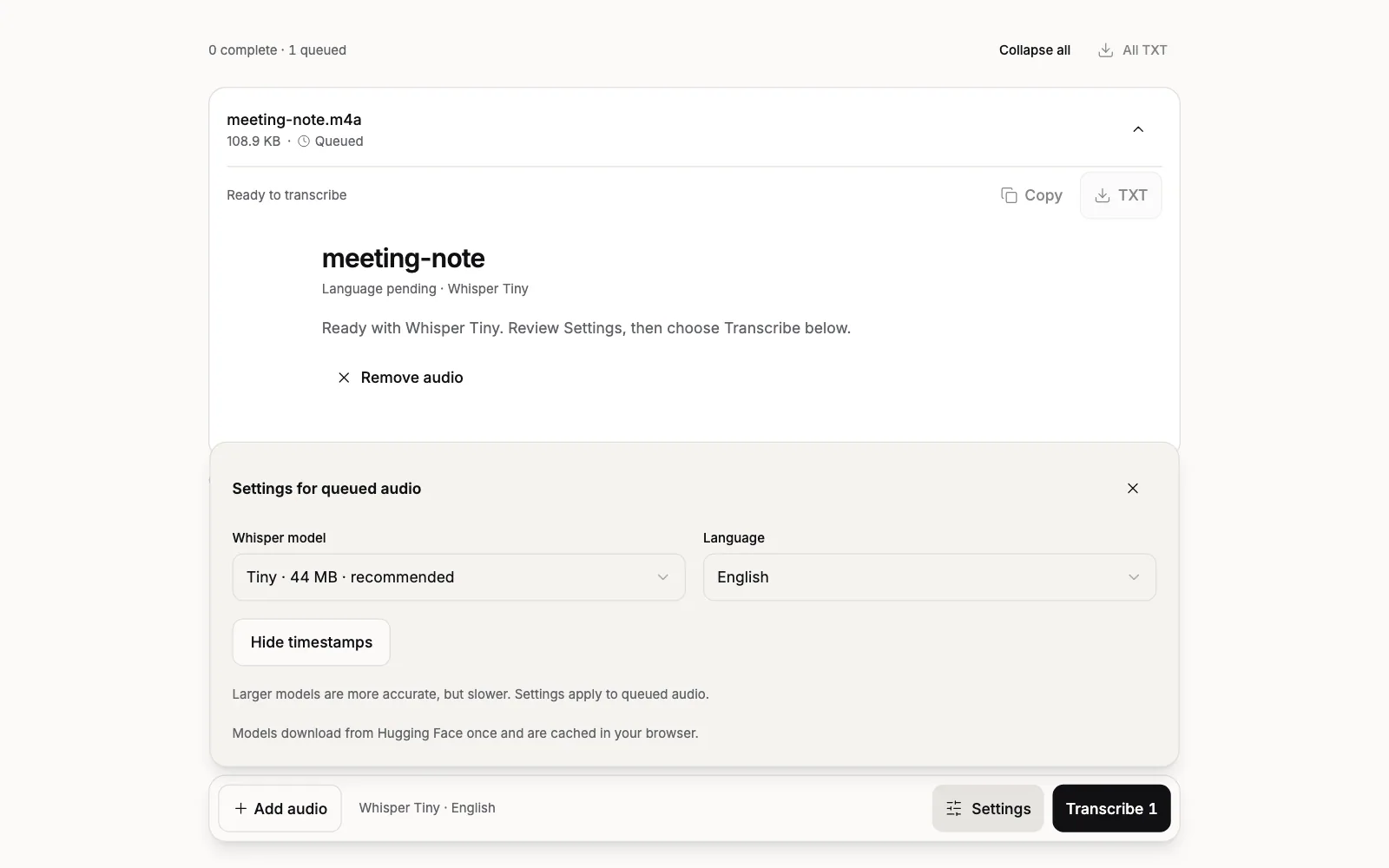 The Audio Transcriber with a recording queued and the Settings panel open above the bottom bar: Whisper model Tiny, 44 MB, recommended; Language English; Hide timestamps