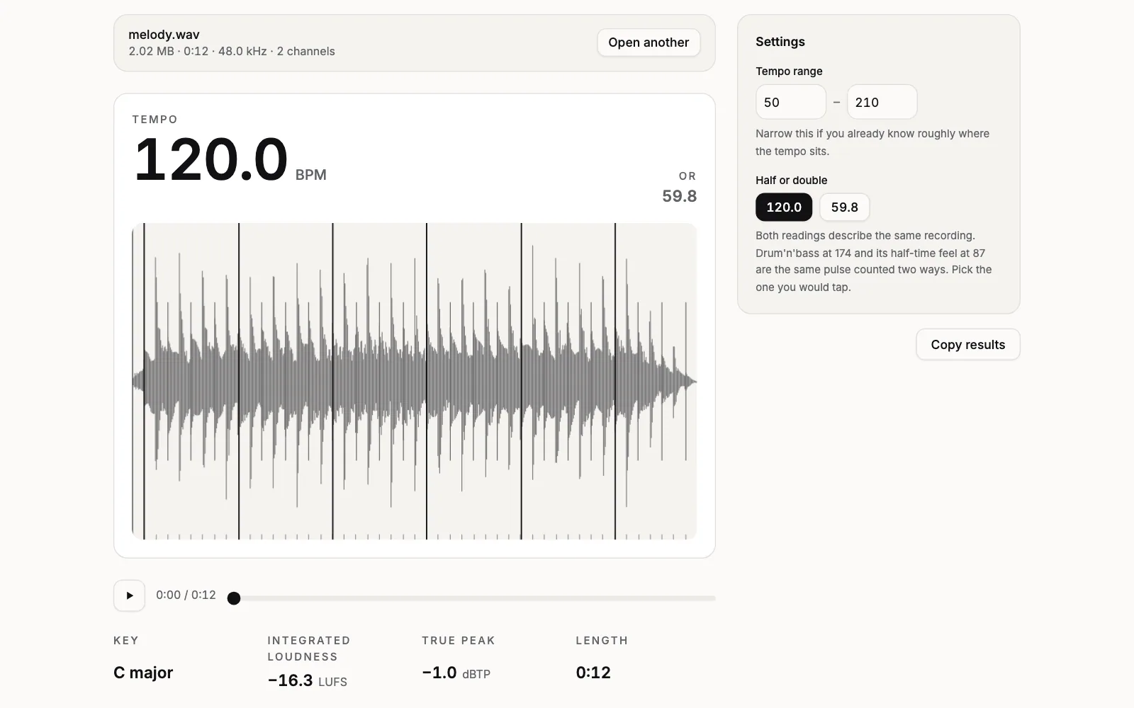 The BPM Detector after a run on melody.wav: Tempo 120.0 BPM with or 59.8 beside it, a beat grid drawn over the waveform, a play bar, and below it the Key, C major, and the Integrated loudness