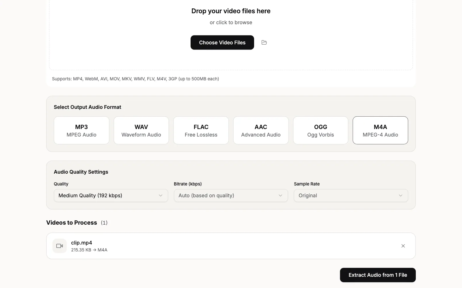 Extract Audio from Video with one video loaded: the six format tiles MP3, WAV, FLAC, AAC, OGG and M4A with M4A selected, and Audio Quality Settings showing Quality, Bitrate (kbps) and Sample Rate