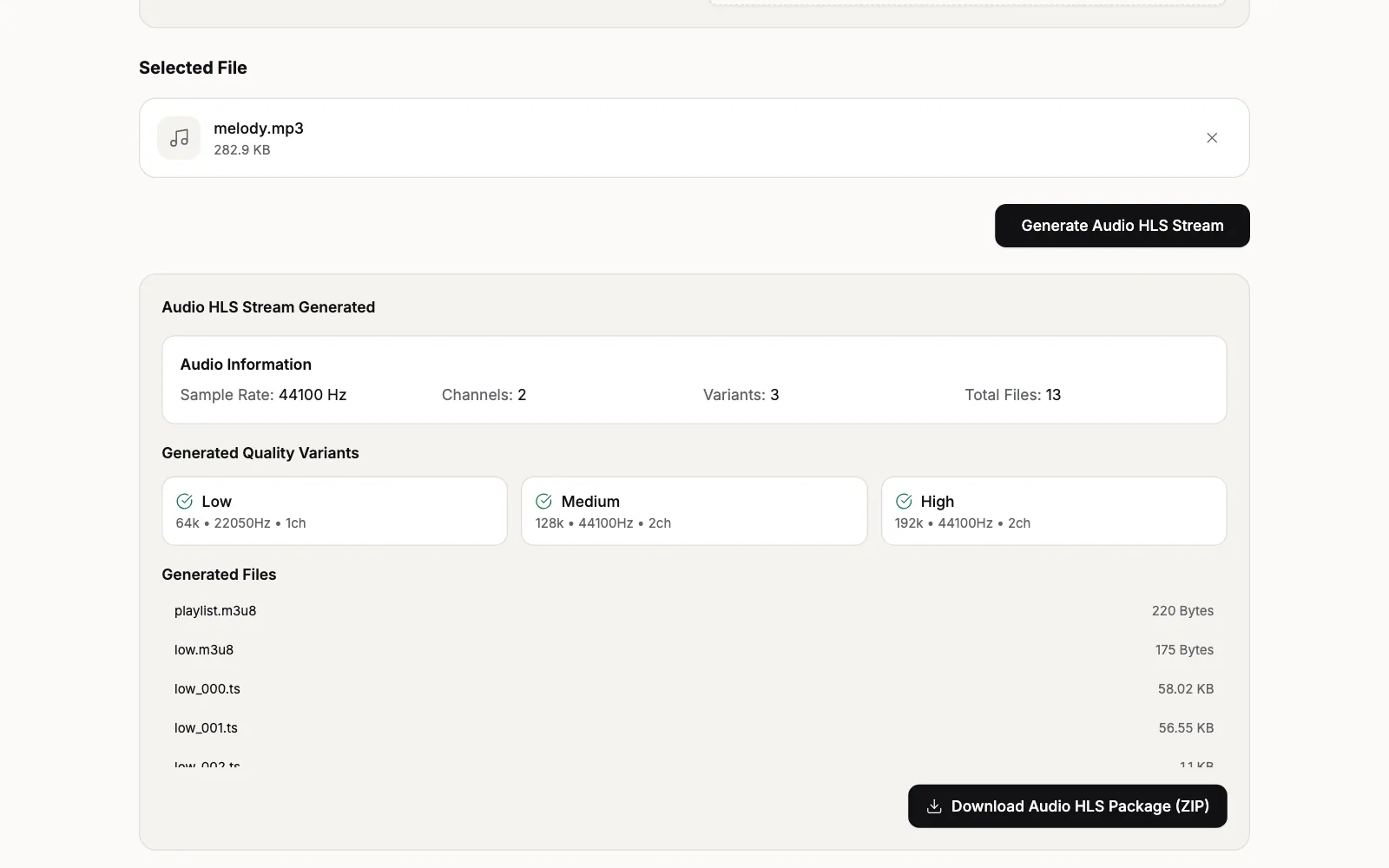 The Audio HLS Stream Generator after a run: Audio HLS Stream Generated, Audio Information with Sample Rate, Channels, Variants and Total Files, the Low, Medium and High renditions under Generated Quality Variants, the generated files, and the Download Audio HLS Package (ZIP) button