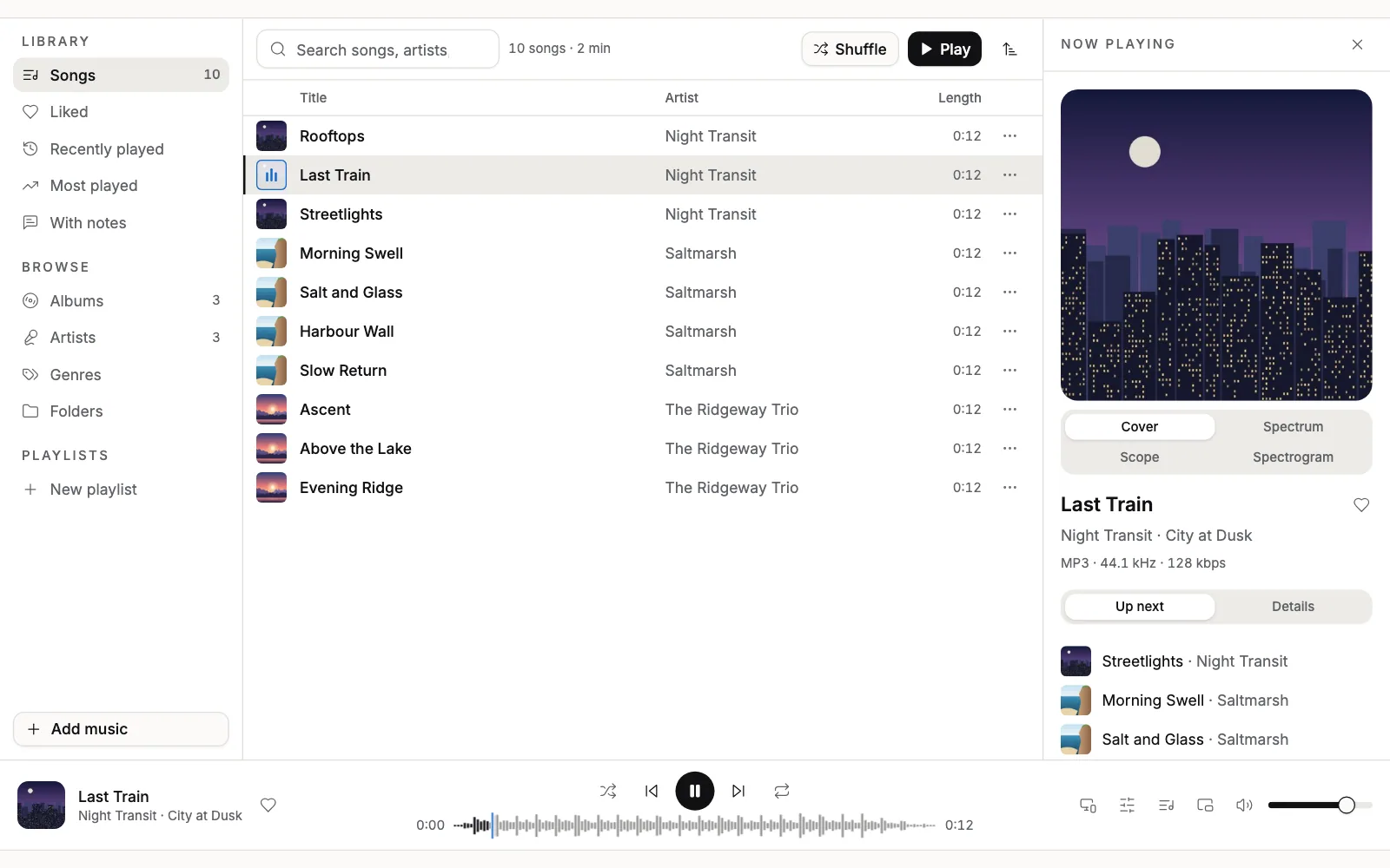 A music library of ten songs on three albums, sorted by album, with Last Train by Night Transit playing and its cover in Now playing