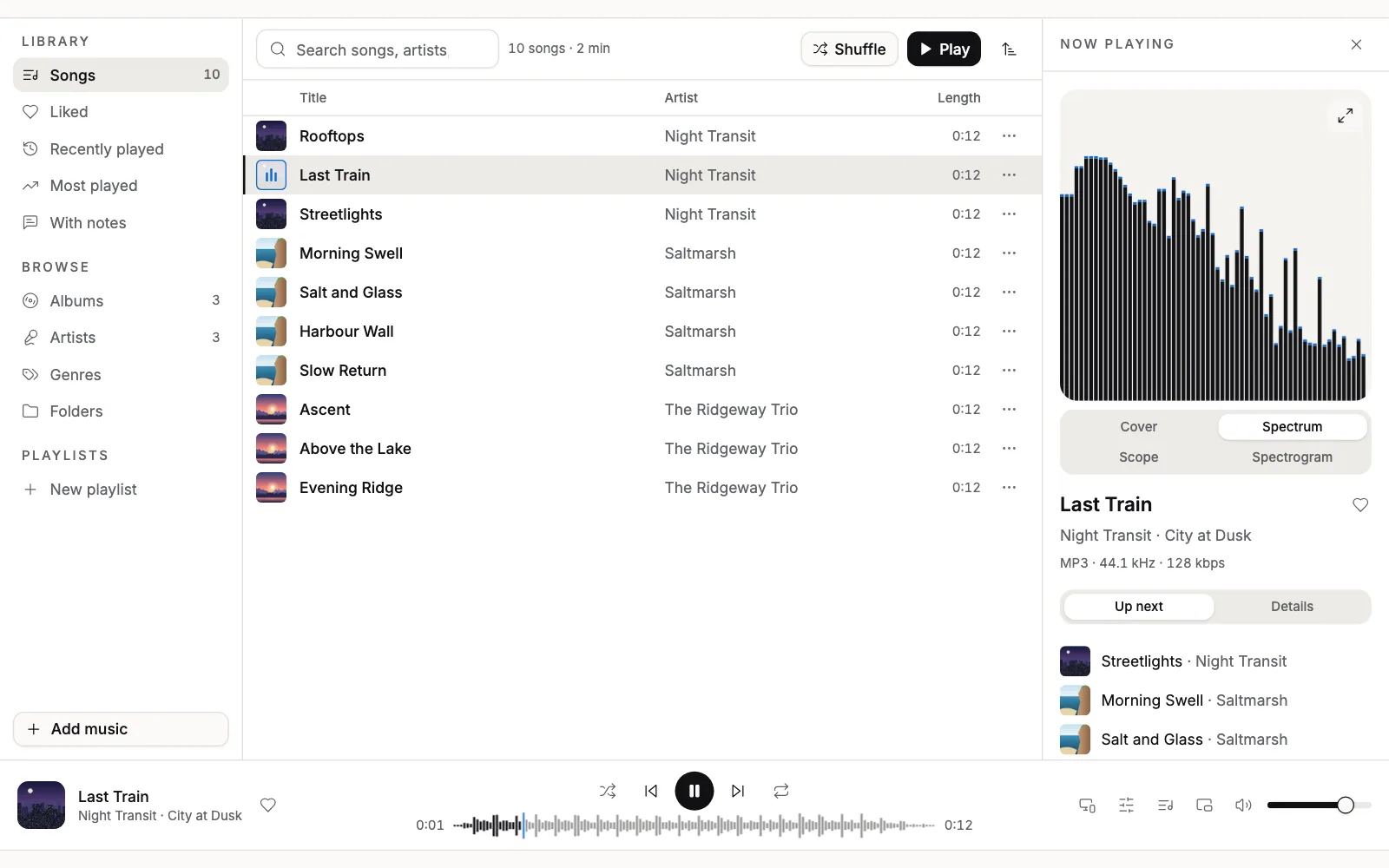 Now playing: Last Train by Night Transit with a live spectrum of the sound, a waveform seek bar and the playback controls
