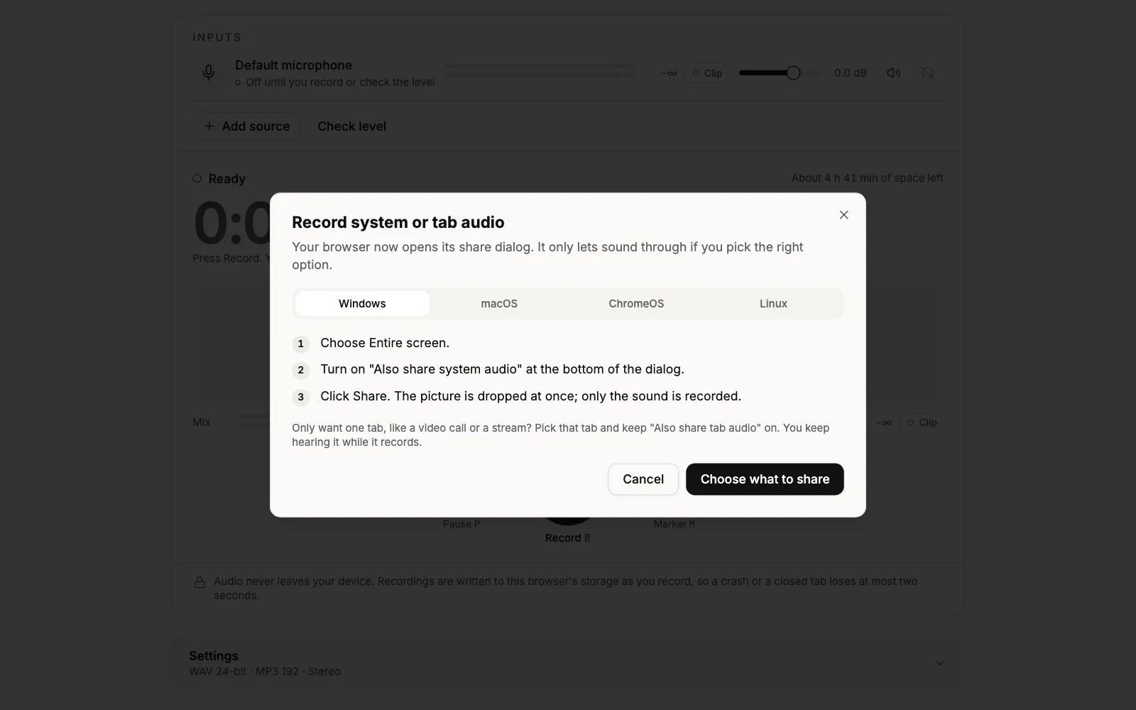 The Record system or tab audio panel over the Sound Recorder, with the Windows, macOS, ChromeOS and Linux tabs, Windows selected, three numbered steps starting Choose Entire screen, and the Cancel and Choose what to share buttons