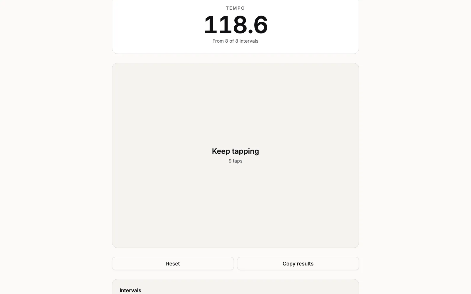 Tap Tempo after nine taps half a second apart: a tempo just under 120 from 8 of 8 intervals, the pad reading Keep tapping and 9 taps, the Reset and Copy results buttons, and the Intervals panel below them