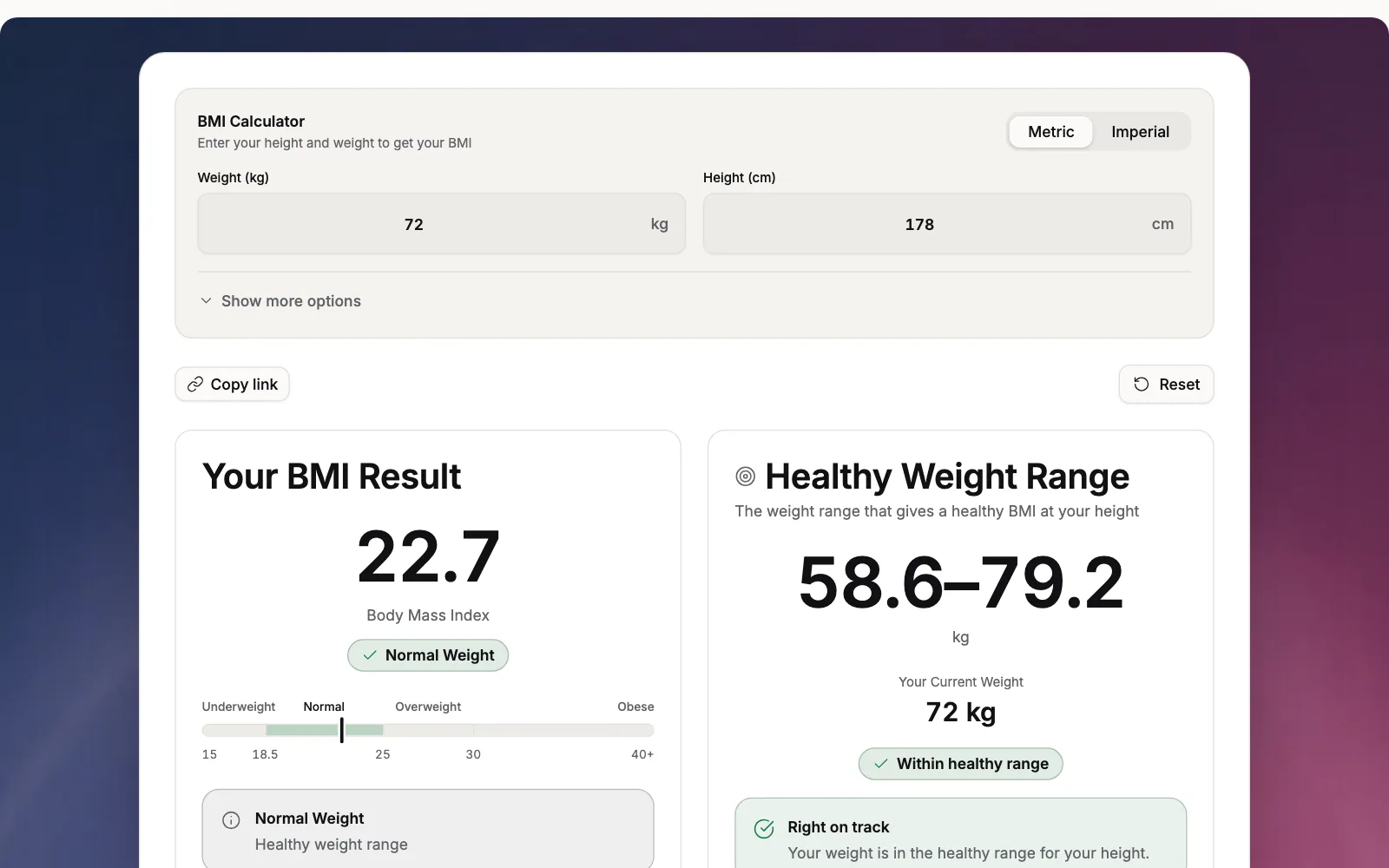 BMI of 22.7 for 72 kg and 178 cm, placed in the healthy range on the BMI scale