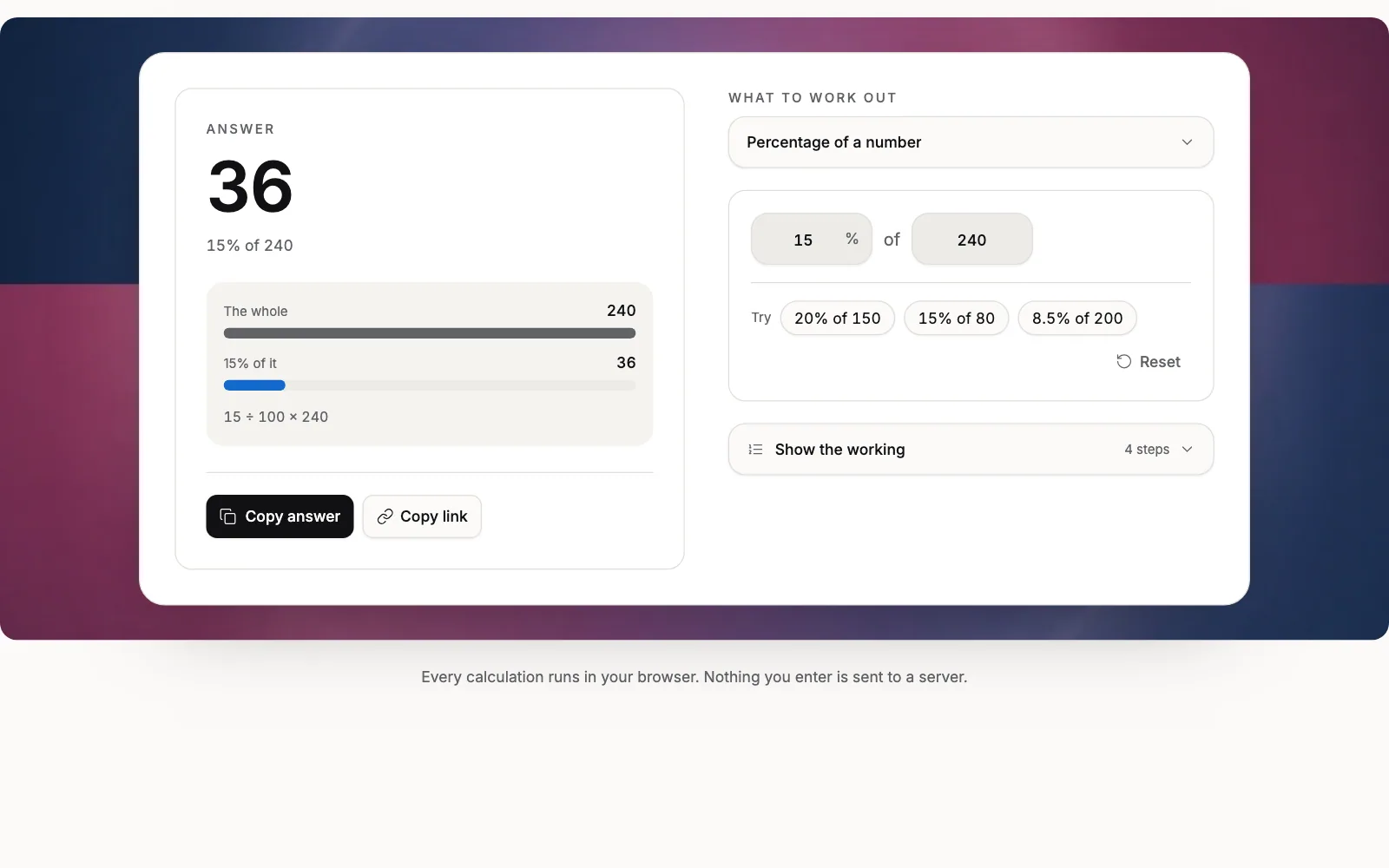 The percentage calculator answering 36 for 15% of 240, with two bars comparing the numbers above the inputs