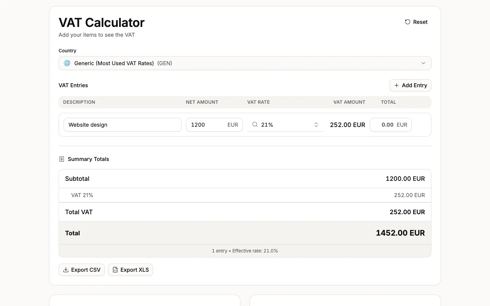 A 1,200 EUR line with 21% VAT added: 252 EUR of VAT, a 1,452 EUR total, and the VAT summary