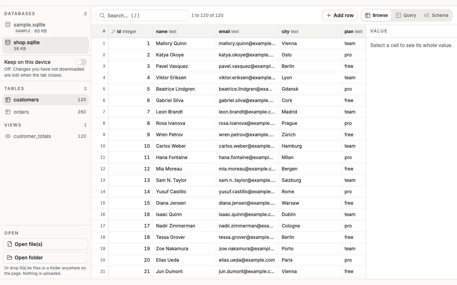 The SQLite Database Viewer with the customers table of shop.sqlite open: the Search box, the range 1 to 120 of 120, Add row, the Browse, Query and Schema tabs, and the grid of customers starting with 1, Mallory Quinn