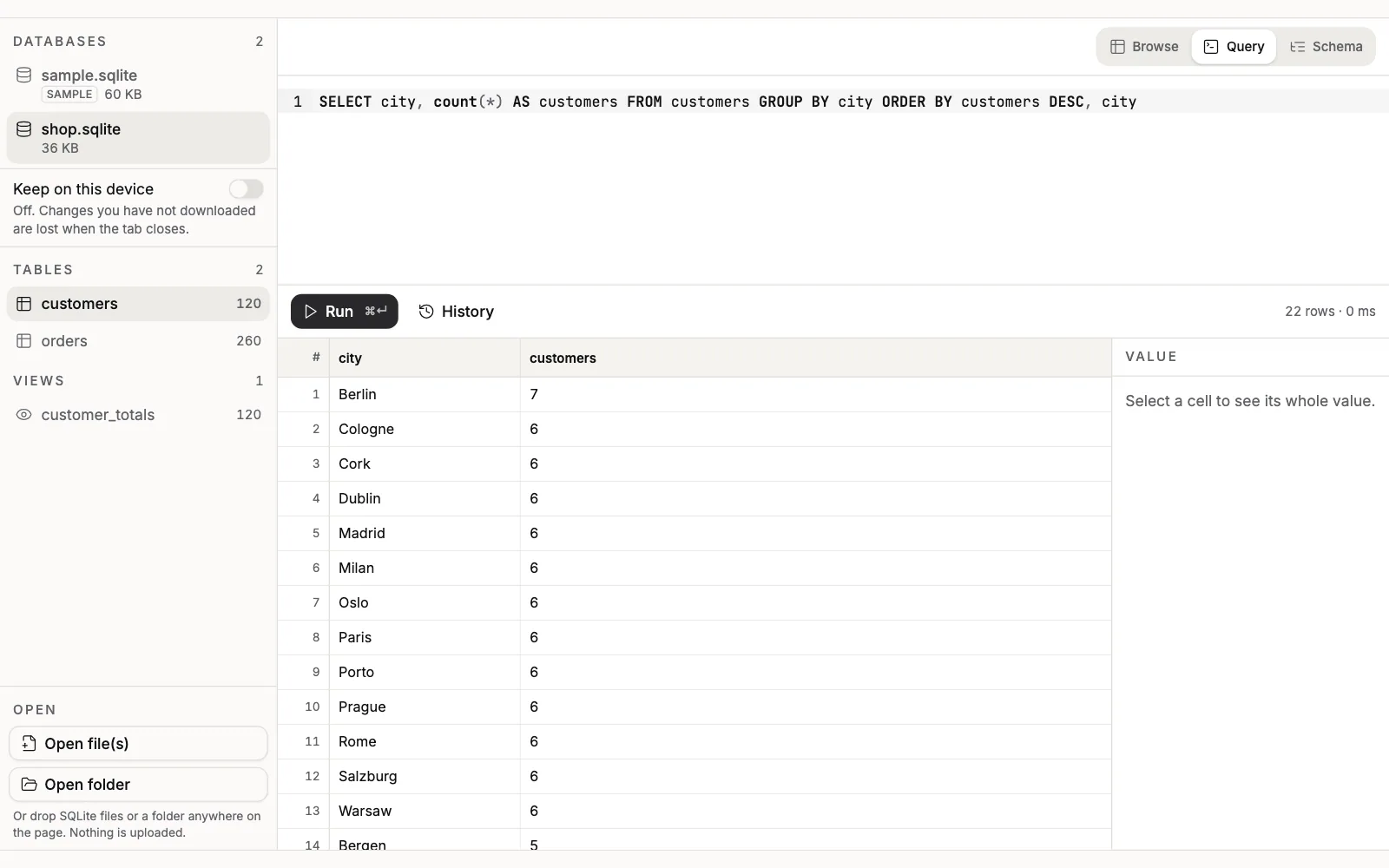 The Query tab of the SQLite Database Viewer with a SELECT that counts customers per city in the SQL editor, the Run button, a summary of rows and milliseconds, and the results grid with city and customers columns