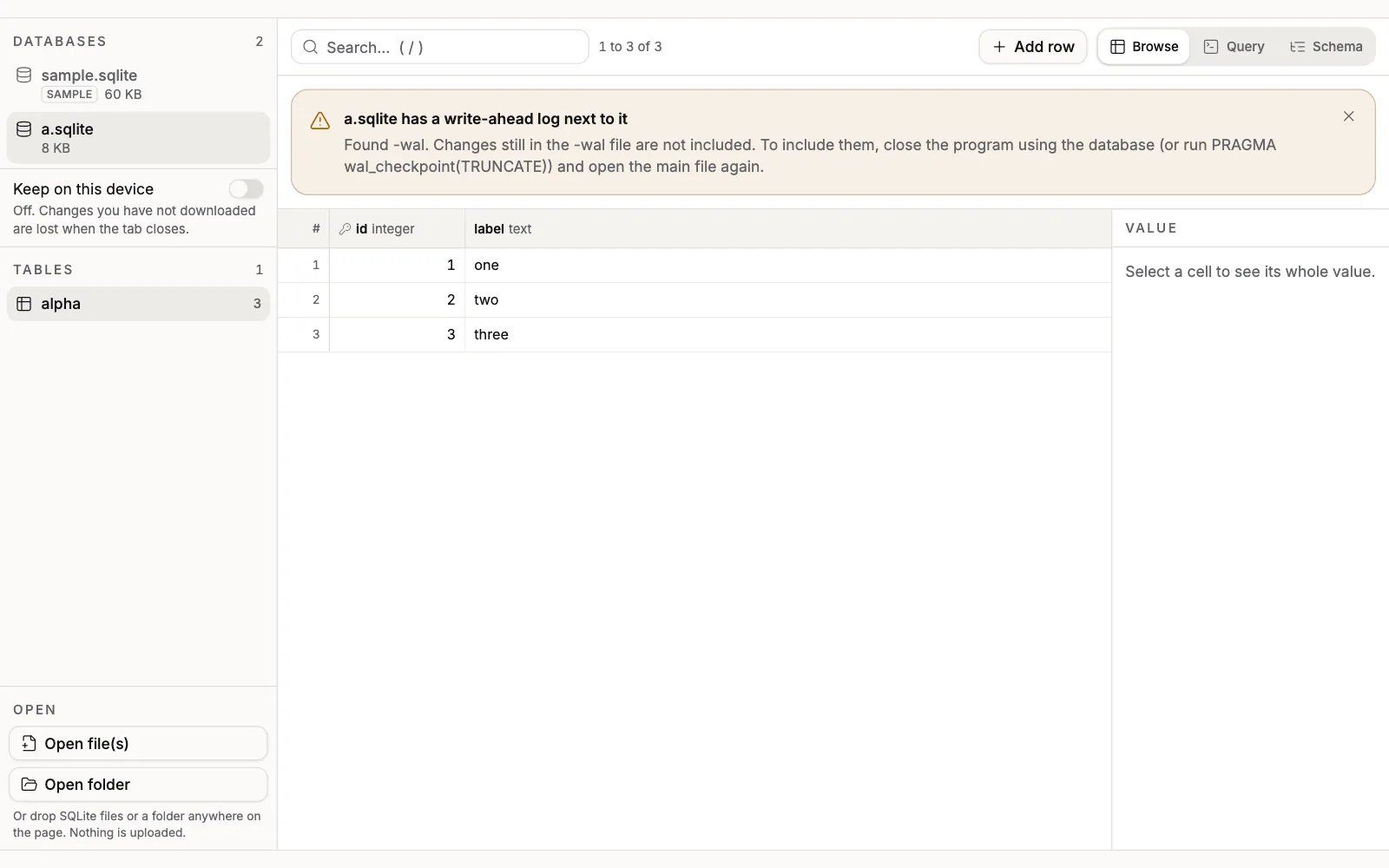 The SQLite Database Viewer after opening a.sqlite together with a.sqlite-wal: a notice reads a.sqlite has a write-ahead log next to it, and says changes still in the -wal file are not included