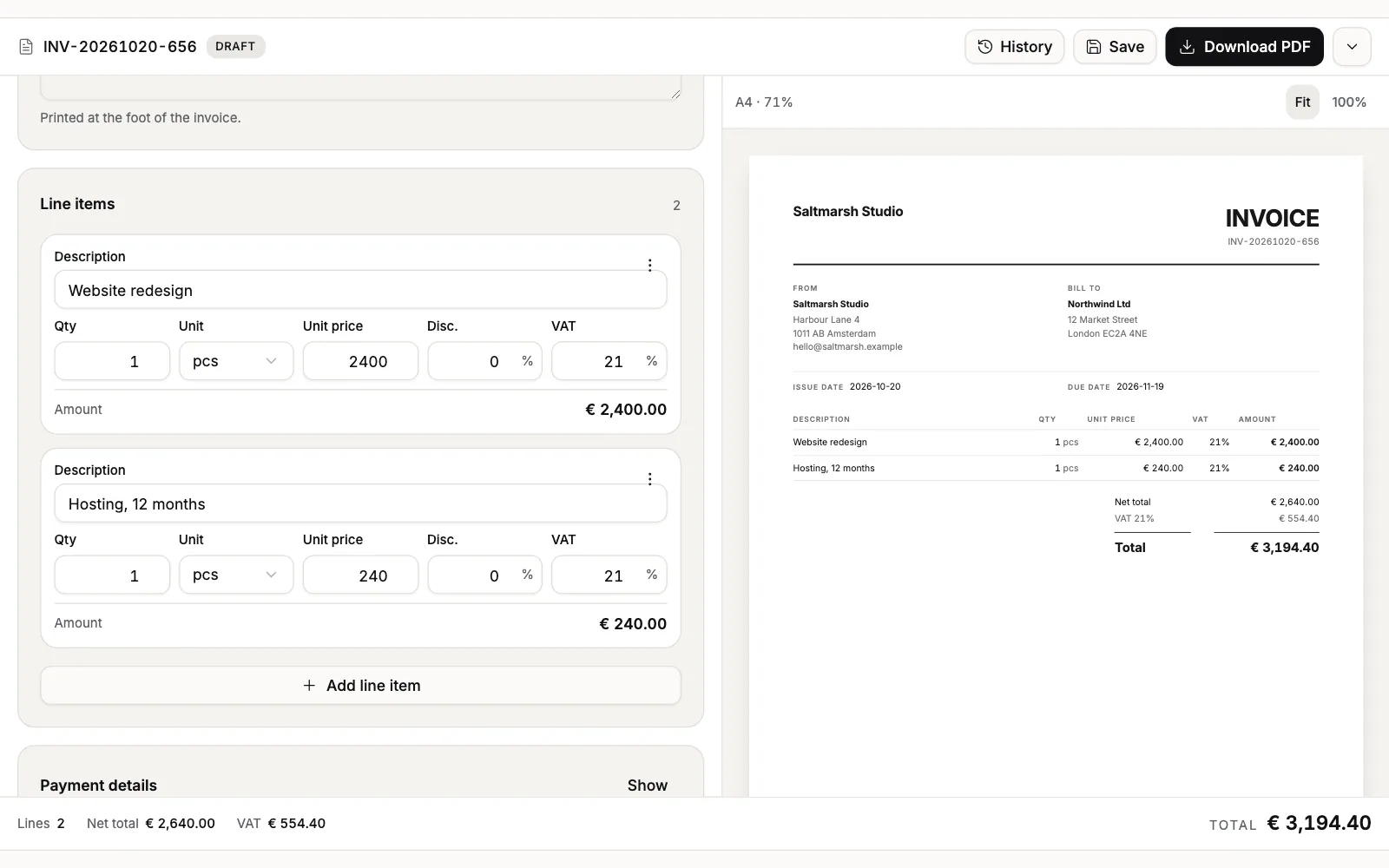 An invoice with sender and customer details and two line items, and the A4 invoice it produces