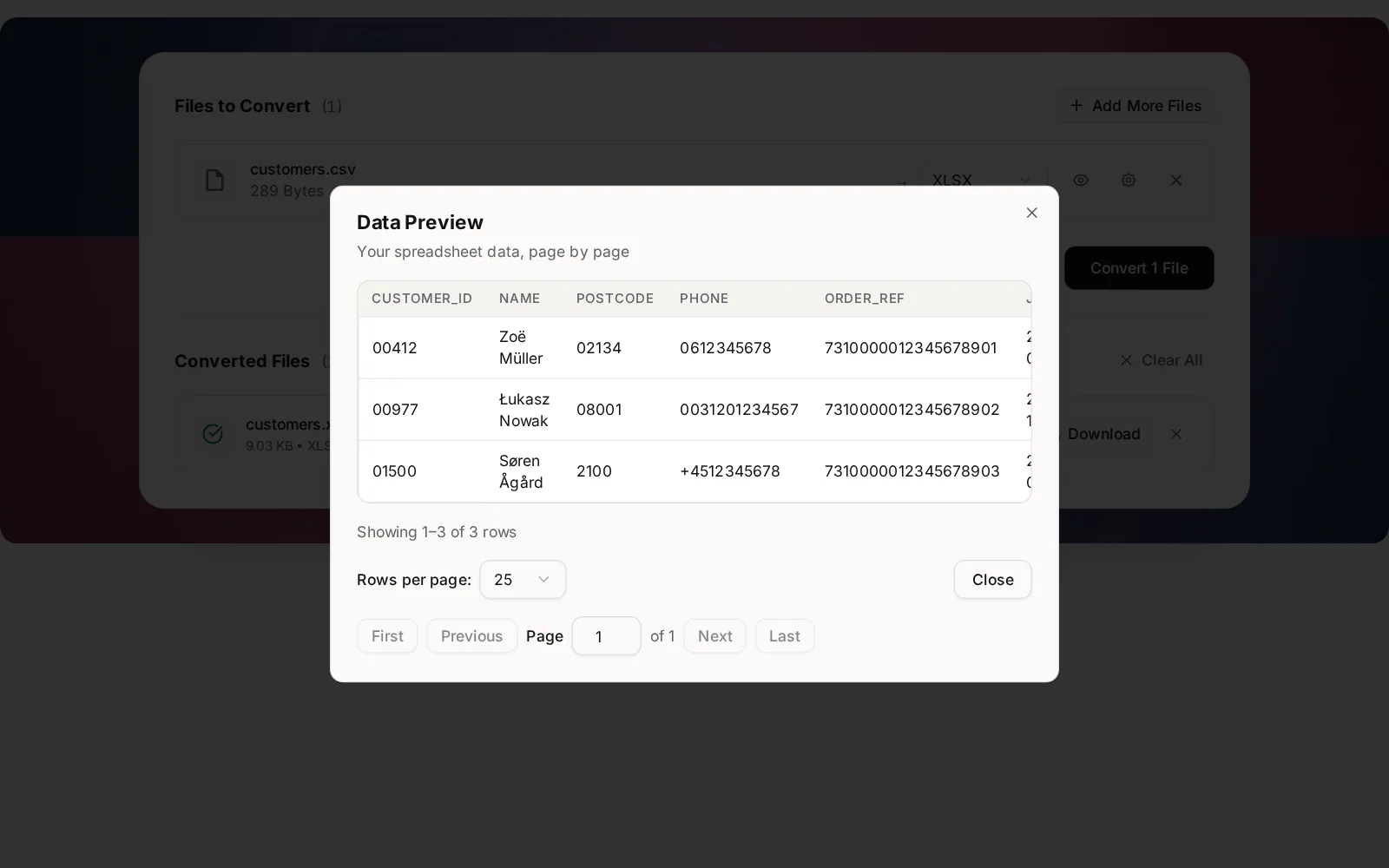 The Data Preview of customers.csv after converting it: customer IDs 00412, 00977 and 01500 with their leading zeros, accented names intact, postcodes 02134 and 08001, phone numbers with their leading 0 and +, and three different 19-digit order references in full
