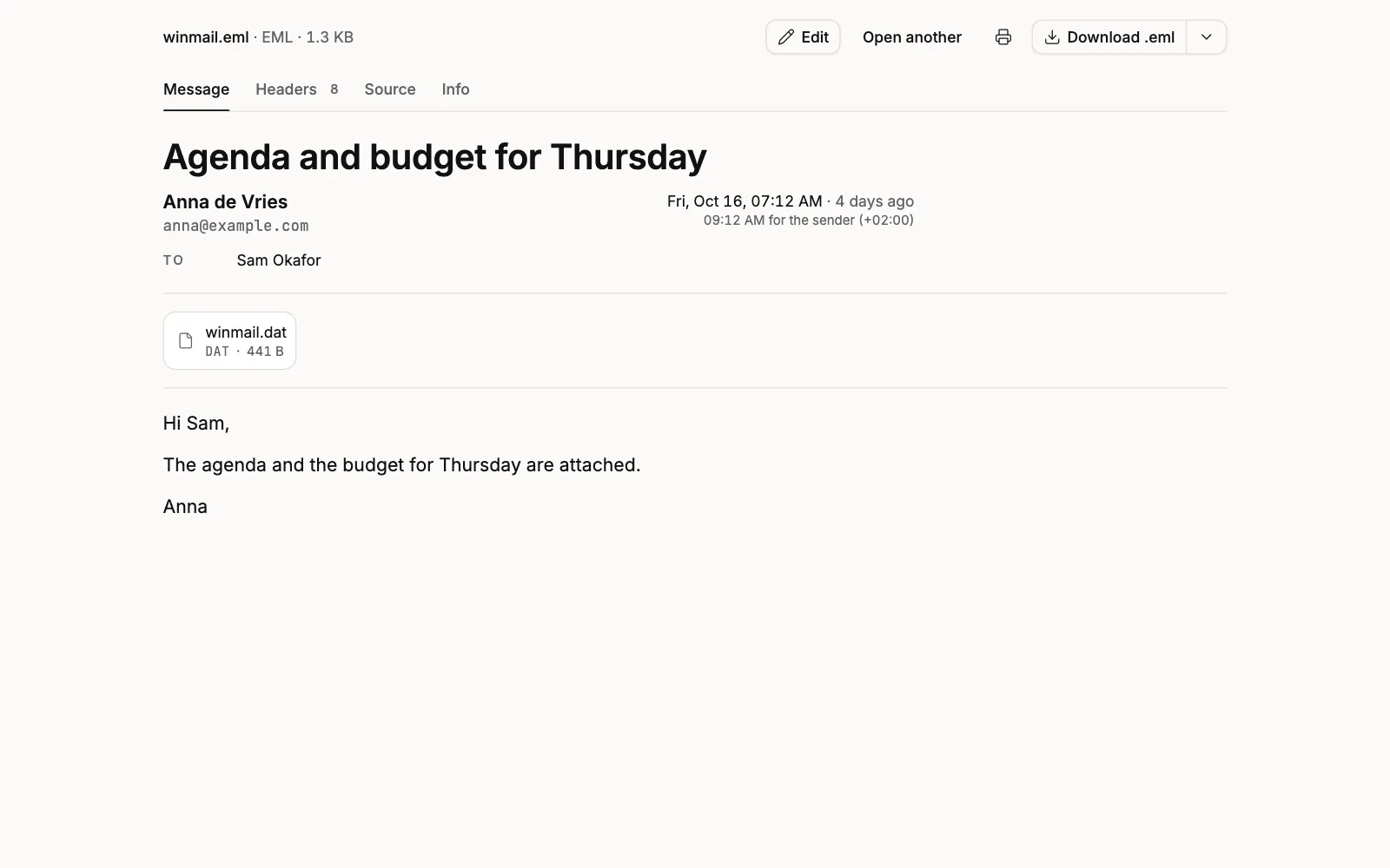 The Email Viewer with an Outlook message open, the file bar reading winmail.eml, EML and its size, the subject Agenda and budget for Thursday from Anna de Vries, the plain text body saying the agenda and the budget are attached, and a single attachment chip winmail.dat, DAT, 441 B, where the two files should be