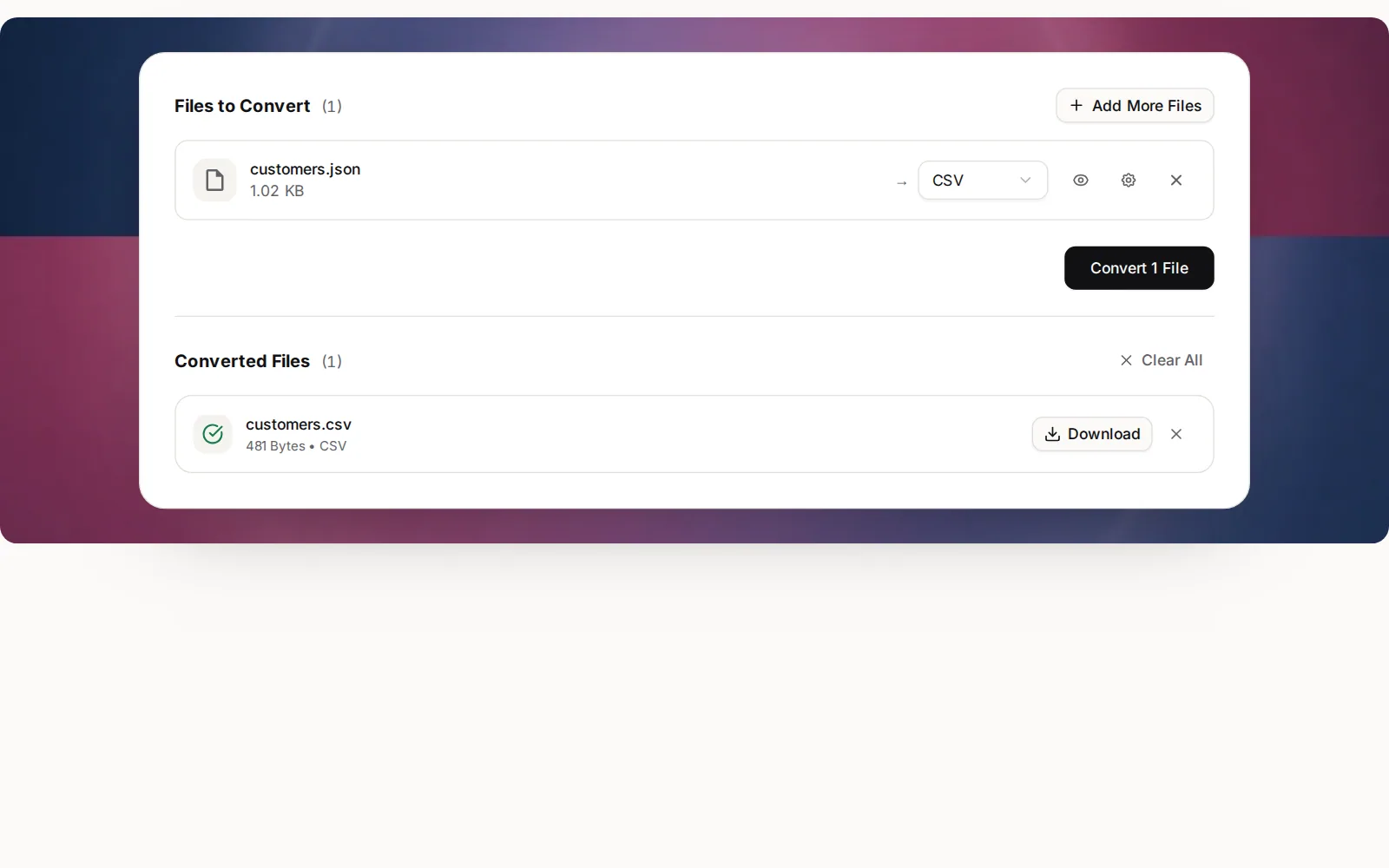 The JSON to CSV Converter after a run: customers.json converted, with customers.csv, its size and a Download button