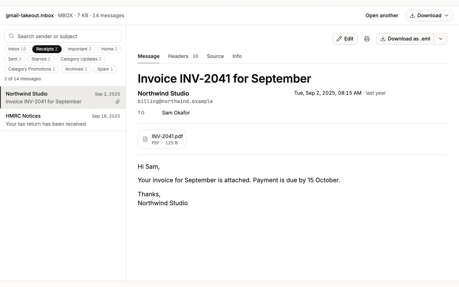 The MBOX Viewer message list filtered by the Receipts label chip, which is highlighted, with the count reading 2 of 14 messages: Invoice INV-2041 for September and Your tax return has been received