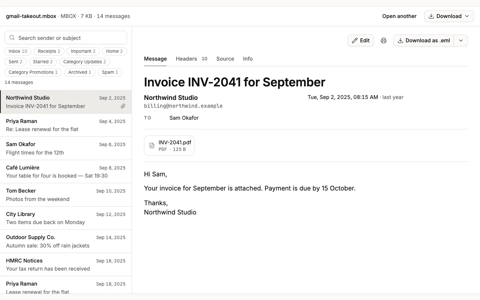 The MBOX Viewer with a Gmail Takeout mailbox open: on the left the Search sender or subject box, label chips starting with Inbox 10, the count 14 messages and the message list; on the right the message Invoice INV-2041 for September with its INV-2041.pdf attachment