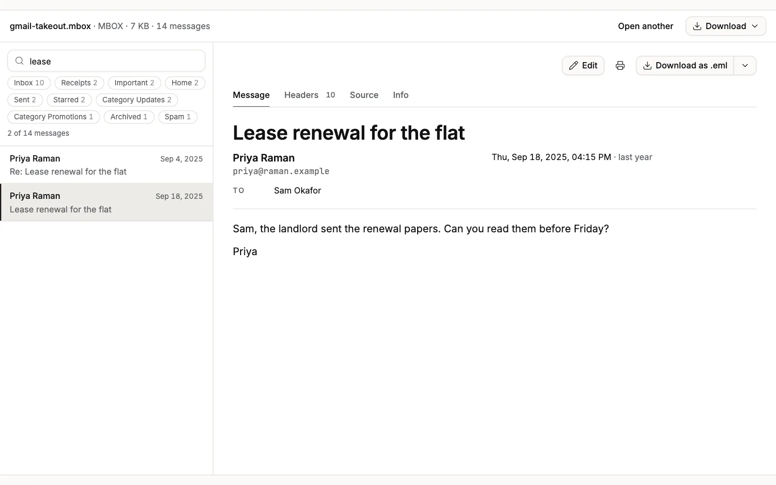 The MBOX Viewer with lease typed in the Search sender or subject box, the count reading 2 of 14 messages, and the message Lease renewal for the flat open with the Download as .eml button above it