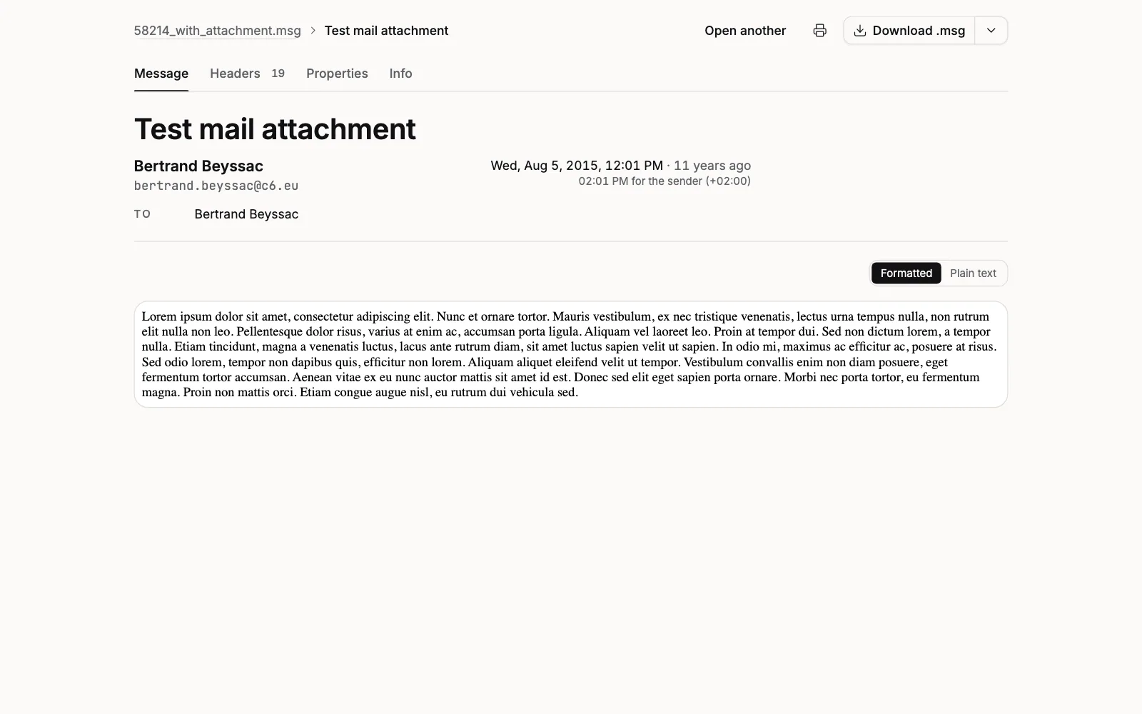 An attached message opened inside an Outlook .msg: the bar reads 58214_with_attachment.msg, an arrow, then Test mail attachment, with that message's subject, sender and body below