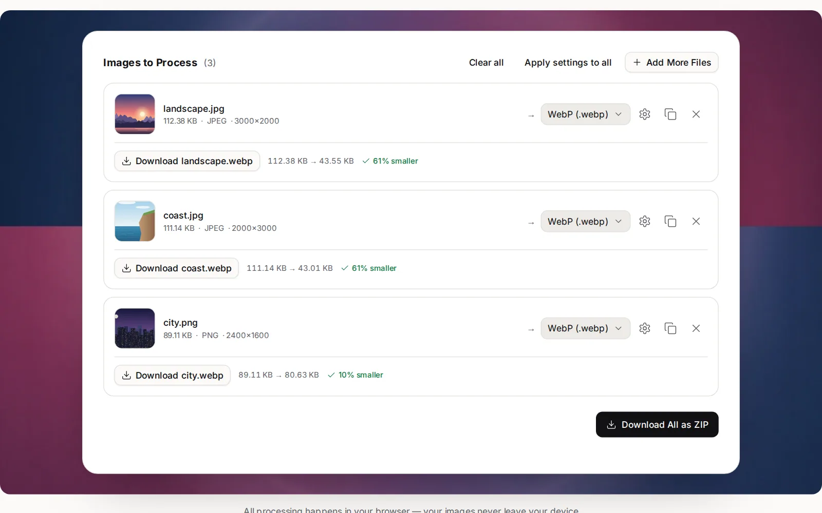 Three images converted in the browser, each with its output format, new size and a download button