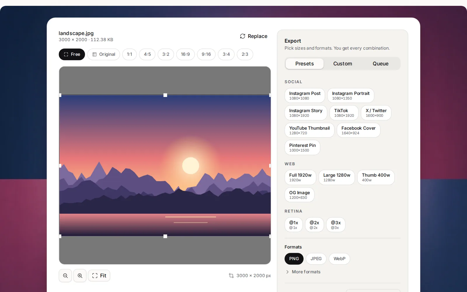 A landscape photo loaded into the resizer, with the crop frame and the output size and format settings