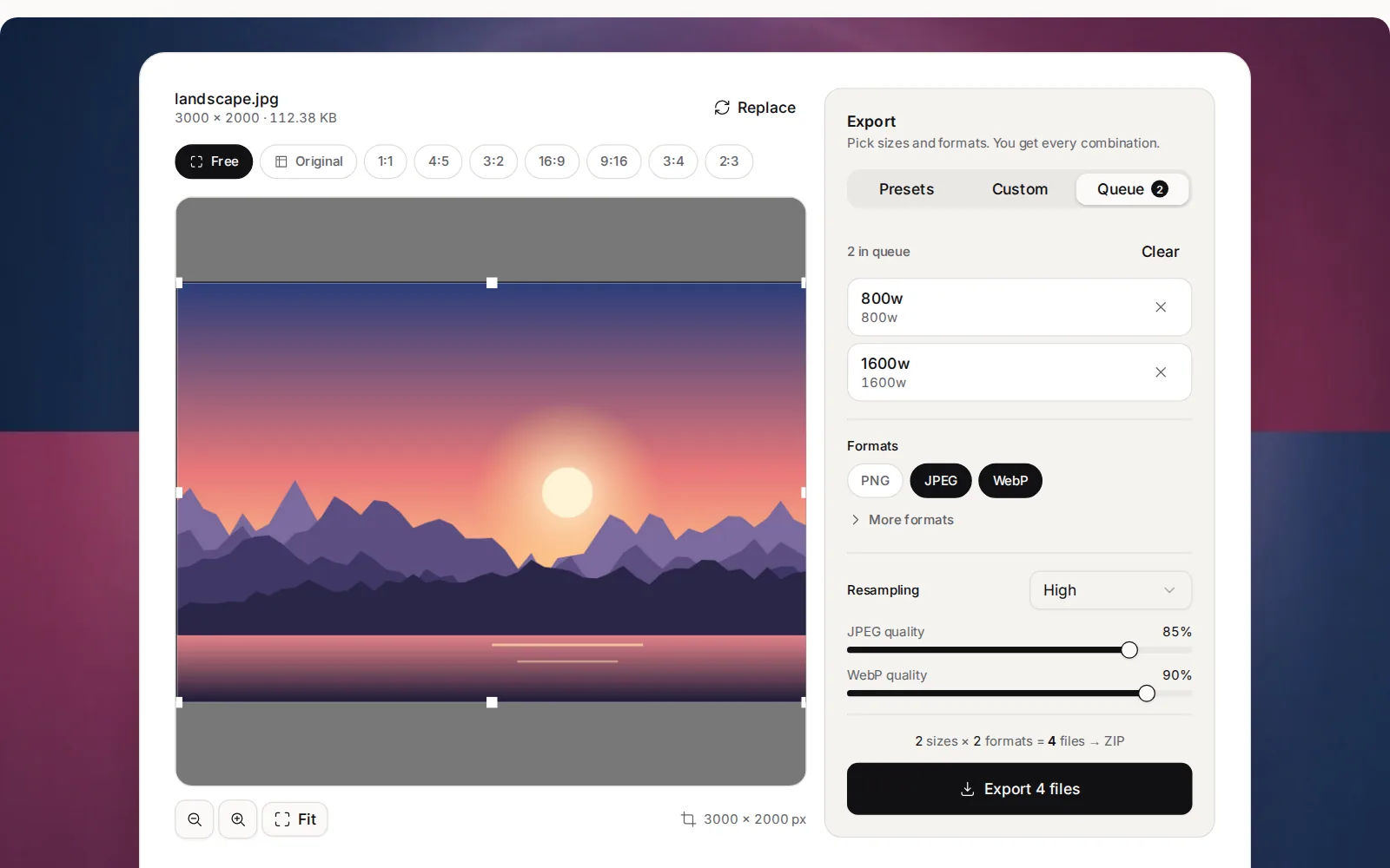 The Image Resizer with the landscape photo loaded: in the Export panel the Queue lists 800w and 1600w, the JPEG and WebP format chips are on, and the button reads Export 4 files
