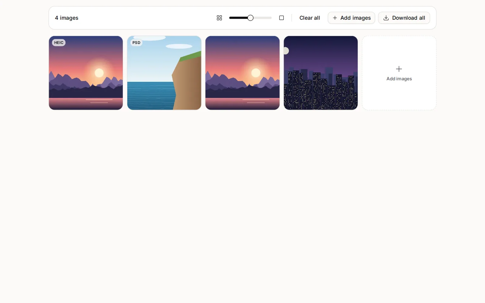 The Image Viewer gallery with four images open as square tiles, a HEIC and a PSD among ordinary JPEG and PNG files, and the toolbar reading 4 images