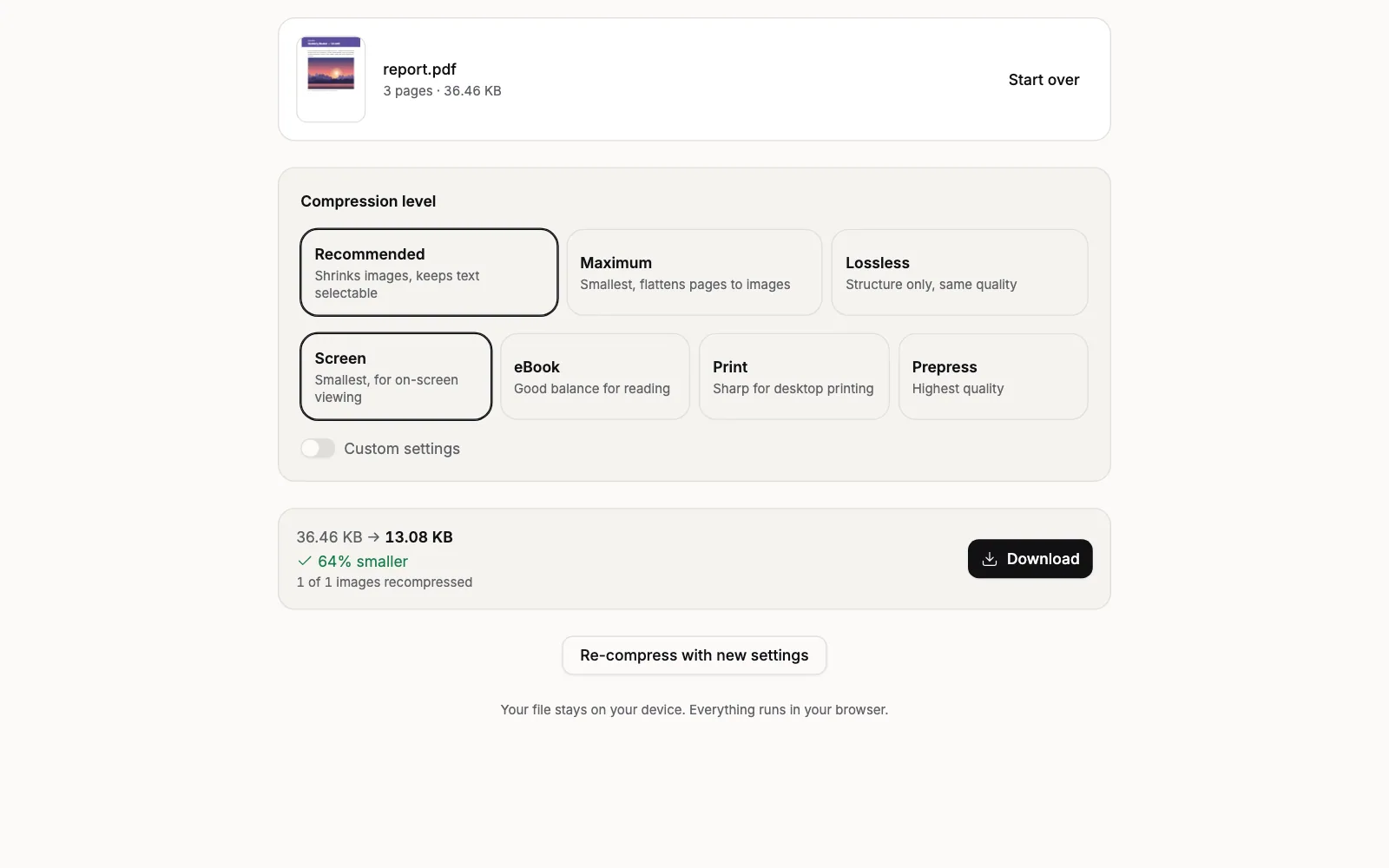 The Compress PDF tool after a run: the file card shows report.pdf with its page count and size, Recommended and Screen are selected under Compression level, and the result line shows the original size, an arrow, the new size, a percent-smaller figure, how many images were recompressed, and a Download button