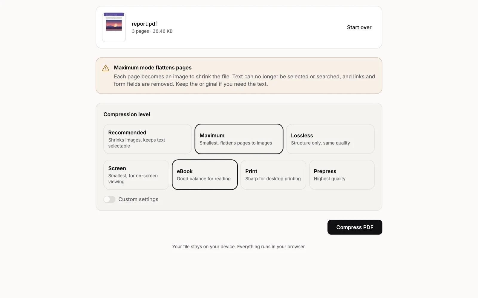 The Compress PDF tool with Maximum selected under Compression level, the eBook preset selected, and the warning Maximum mode flattens pages shown above the settings