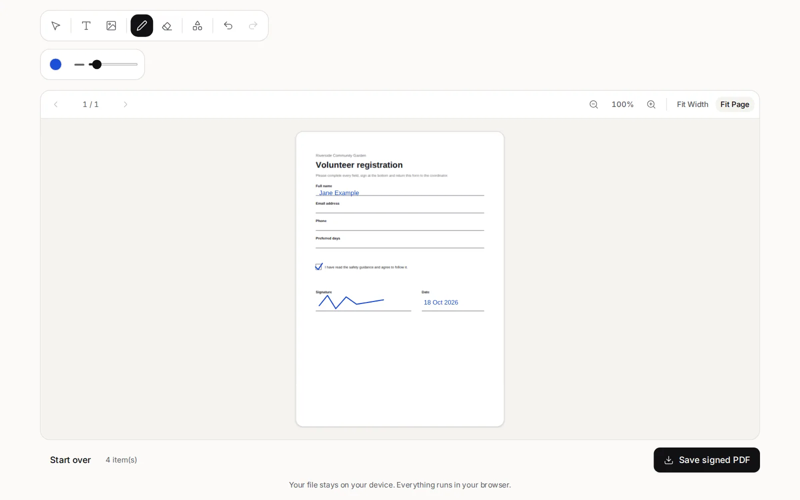 Fill and Sign PDF with a volunteer registration form open: the icon toolbar above the page, the name Jane Example typed on the Full name line, a checkmark in the safety box, a drawn signature on the Signature line, the date on the Date line, and the Save signed PDF button