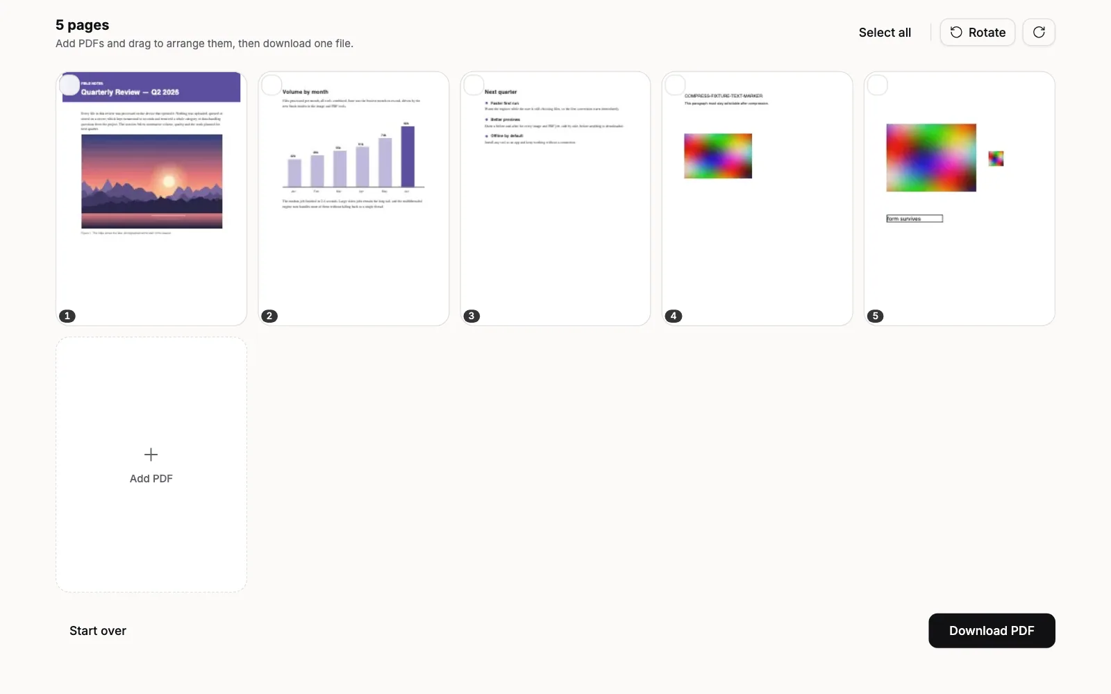 Merge PDF with two PDFs added: the toolbar shows the total page count, and every page of both files is laid out as a numbered thumbnail, with an Add PDF tile at the end and Start over and Download PDF buttons below