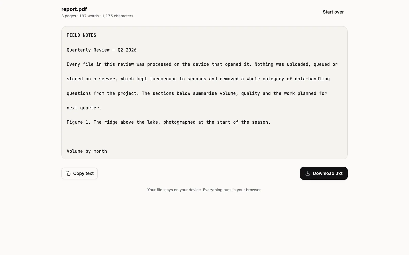 PDF to Text with report.pdf open: the heading shows the file name and 3 pages, 197 words and the character count, the extracted text below starts FIELD NOTES and Quarterly Review, with the Copy text and Download .txt buttons underneath