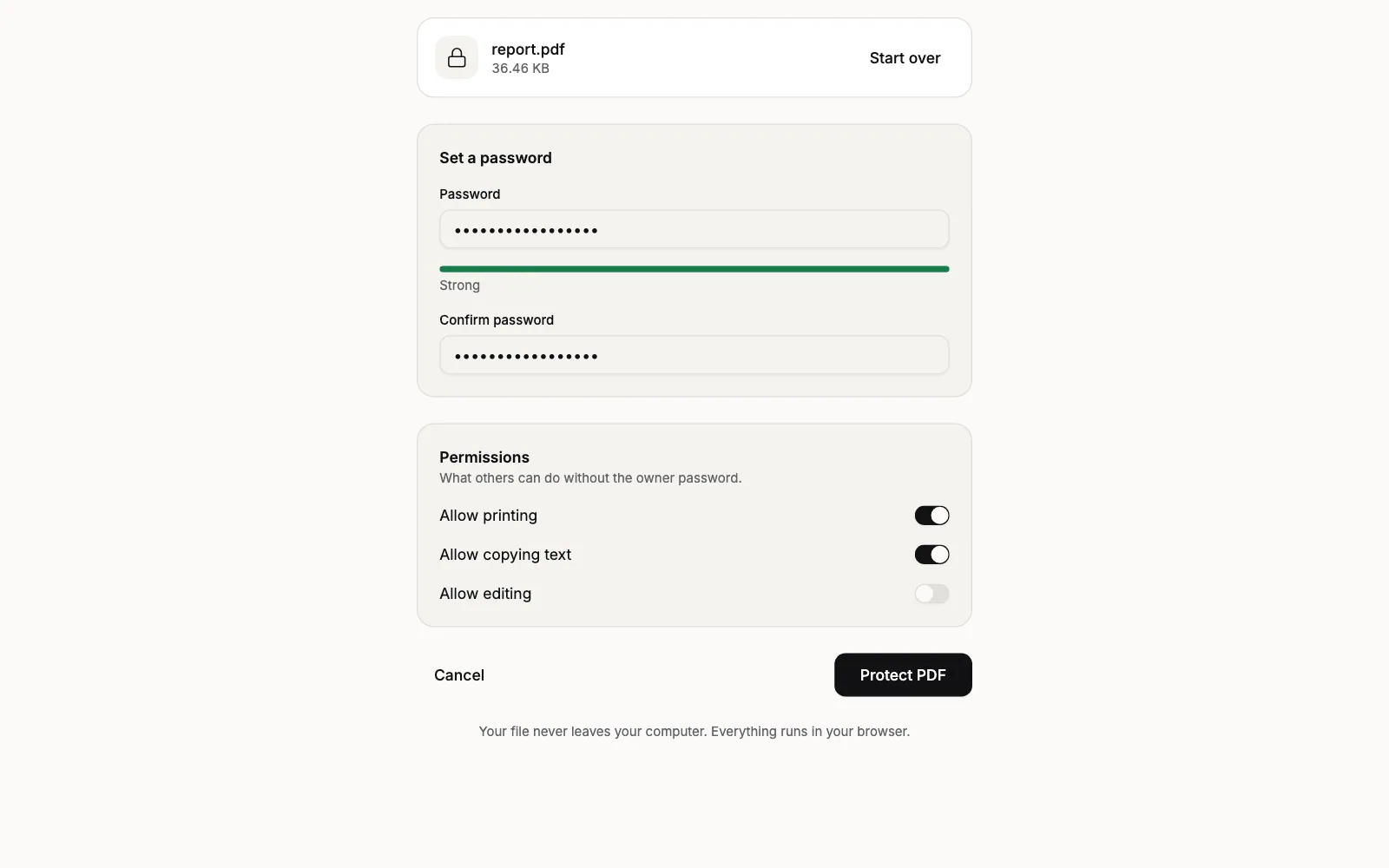 Protect PDF with report.pdf loaded: the file card shows its name and size, the Set a password panel has the Password and Confirm password fields filled in with a full Strong meter, and the Permissions panel shows Allow printing, Allow copying text and Allow editing switches above the Protect PDF button
