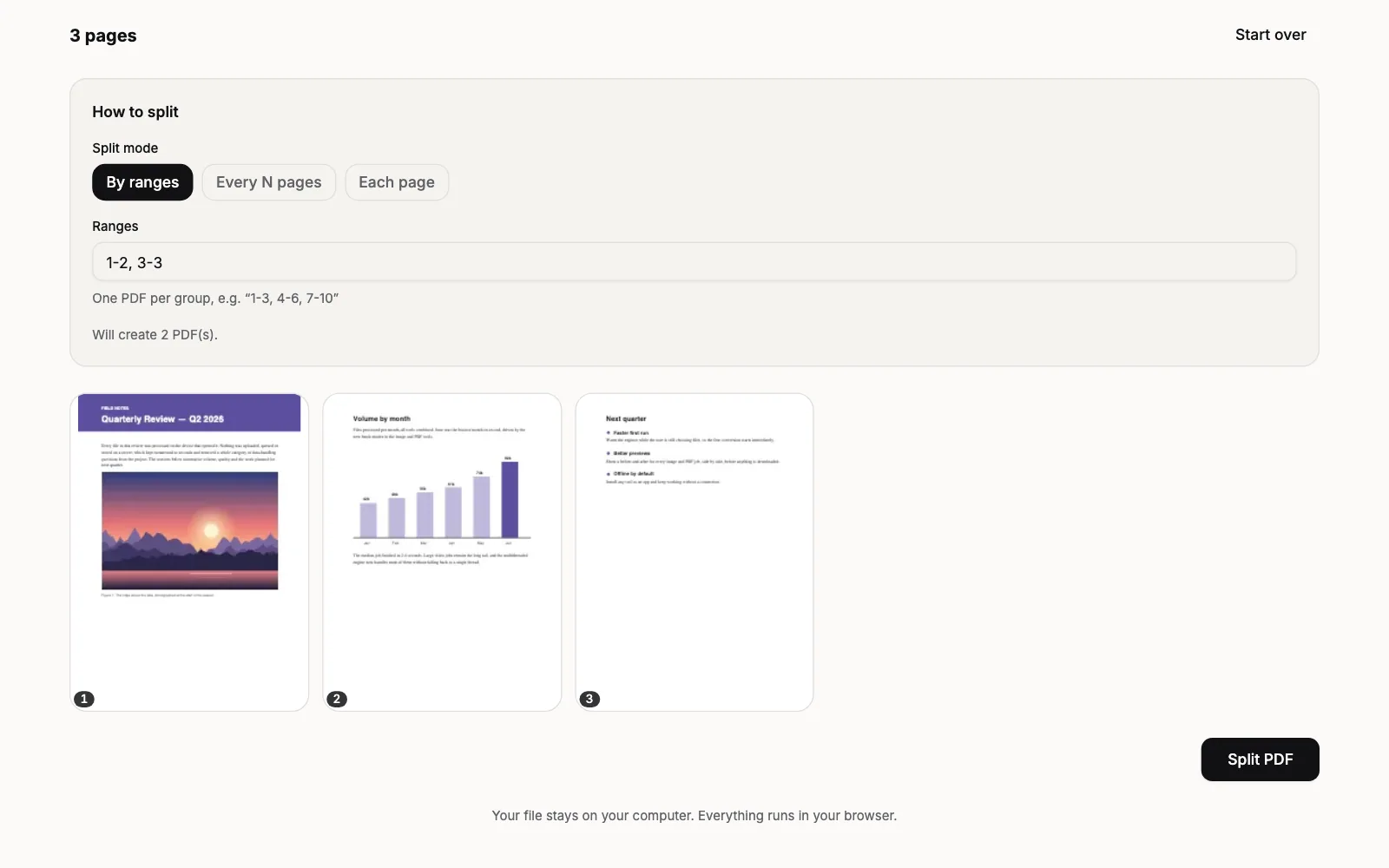 Split PDF with a three-page PDF open: the How to split panel with By ranges selected under Split mode, the Ranges field filled in as 1-2, 3-3, the line Will create 2 PDF(s), and the page thumbnails below