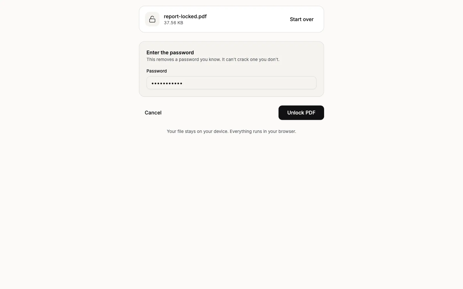 Unlock PDF with a protected PDF loaded: the file card shows its name and size, the Enter the password panel says This removes a password you know. It can't crack one you don't., with the Password field filled in and the Unlock PDF button below