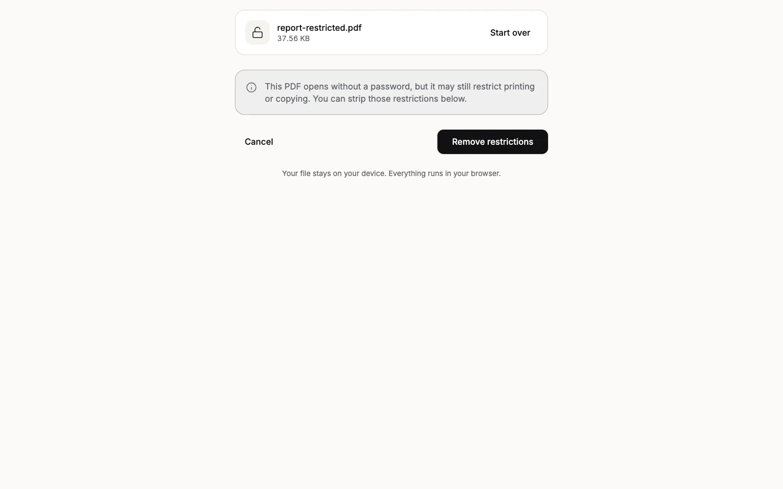 Unlock PDF with a restricted PDF loaded: an info message says This PDF opens without a password, but it may still restrict printing or copying. You can strip those restrictions below., above a Remove restrictions button