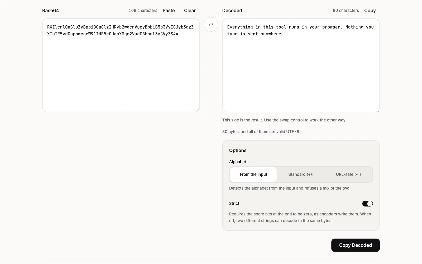 A Base64 string on the left decoded back to readable text on the right