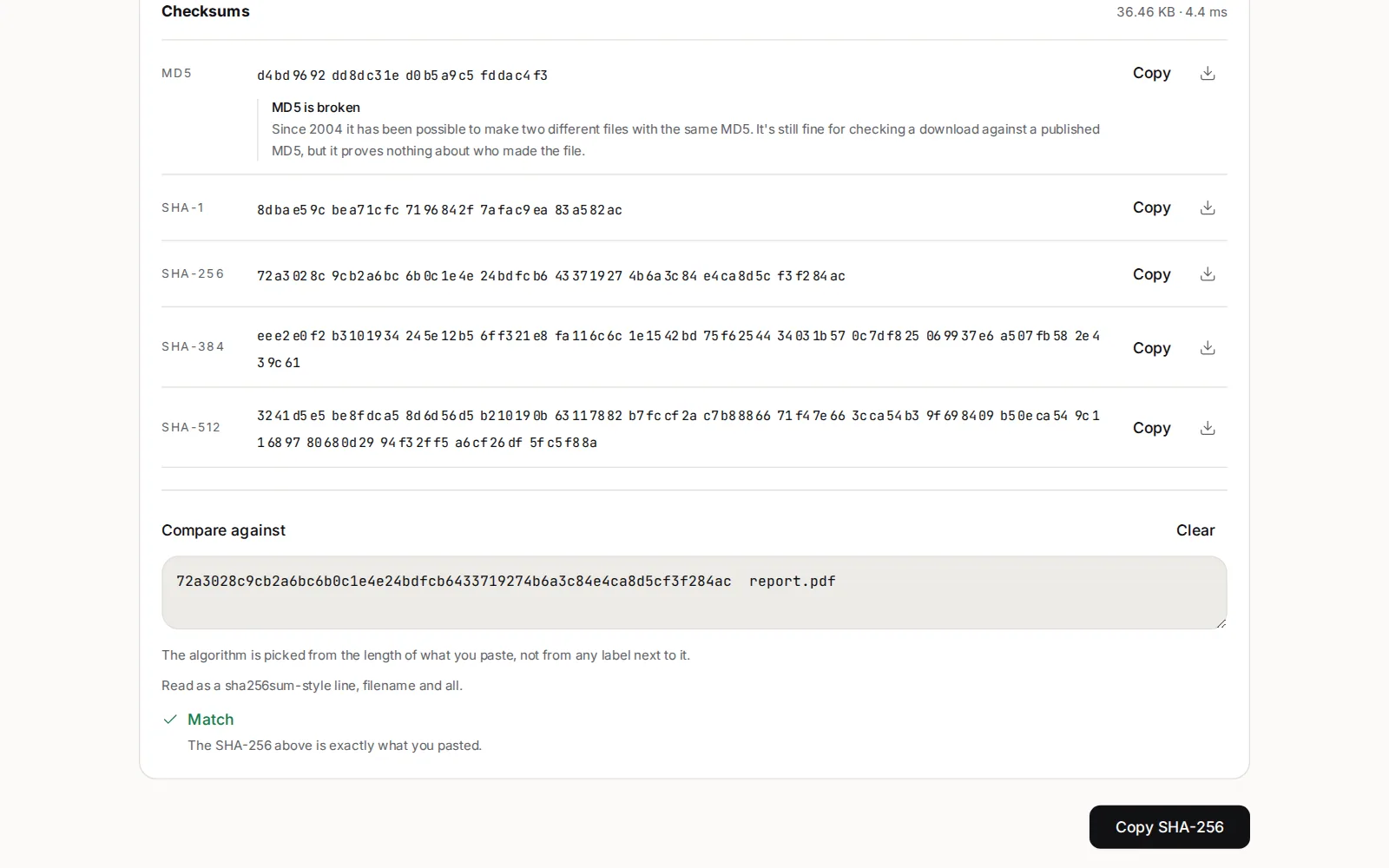 The Hash Generator with report.pdf loaded: the Checksums panel lists MD5, SHA-1, SHA-256, SHA-384 and SHA-512, each with a Copy button, a note that MD5 is broken, and under Compare against a pasted sha256sum line with the verdict Match
