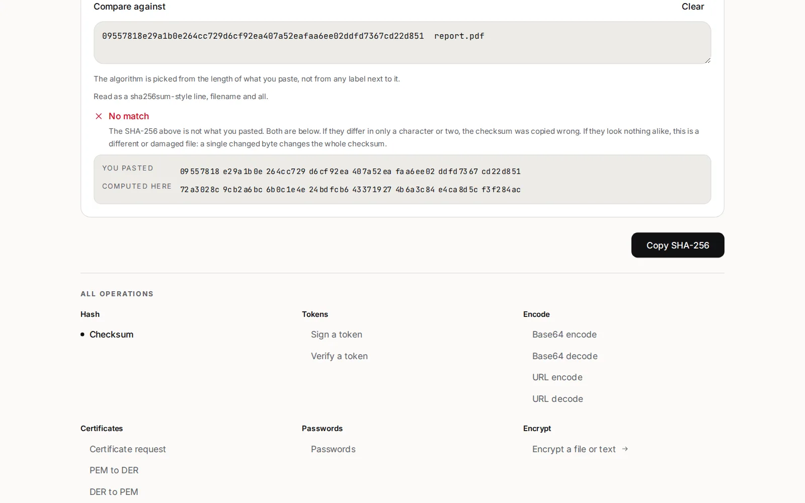 The Hash Generator with report.pdf loaded and a different file's sha256sum line pasted under Compare against: the verdict No match, then You pasted and Computed here with two different SHA-256 digests one above the other