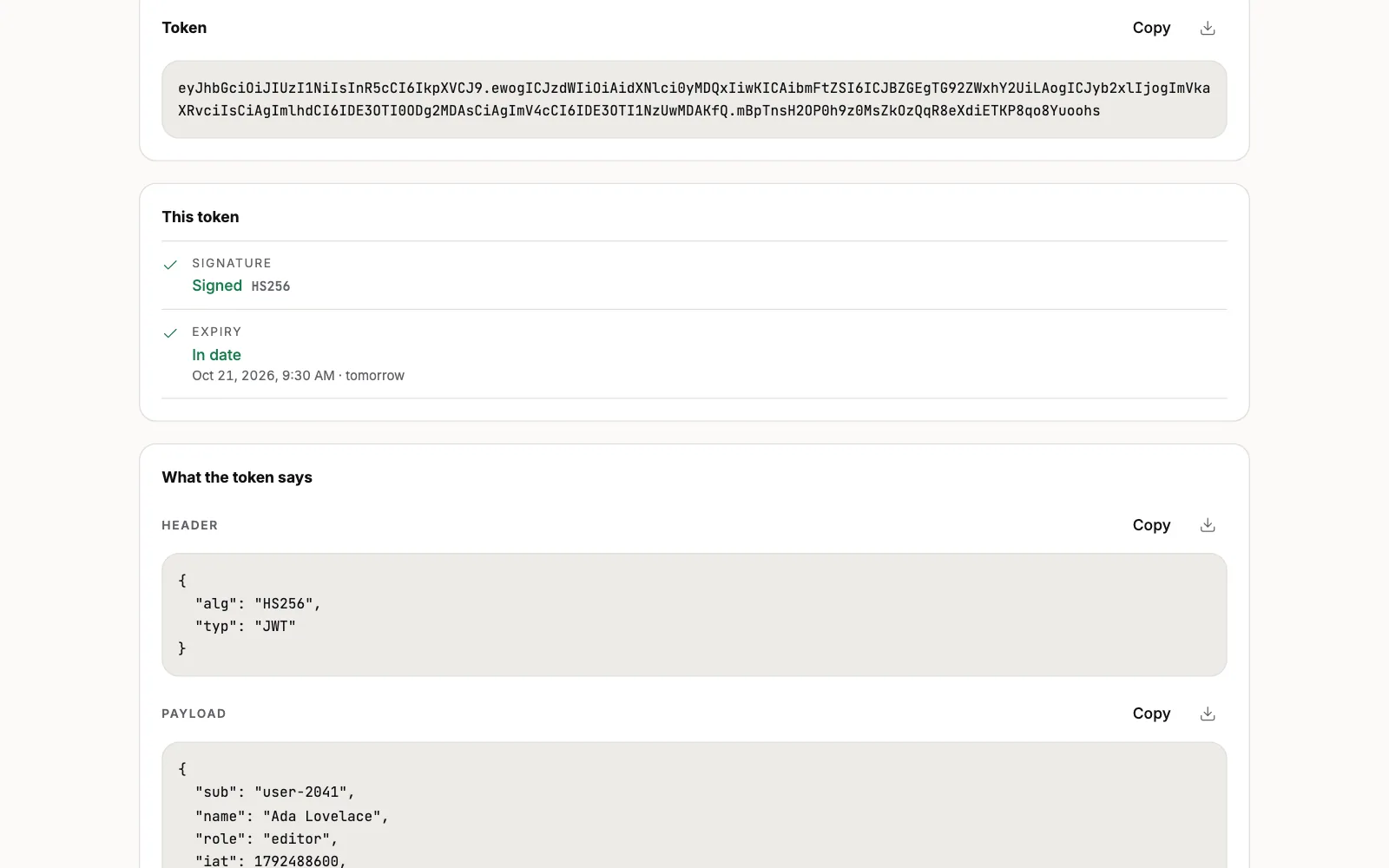 A JSON set of claims signed with HS256 and a shared secret, producing a JSON Web Token