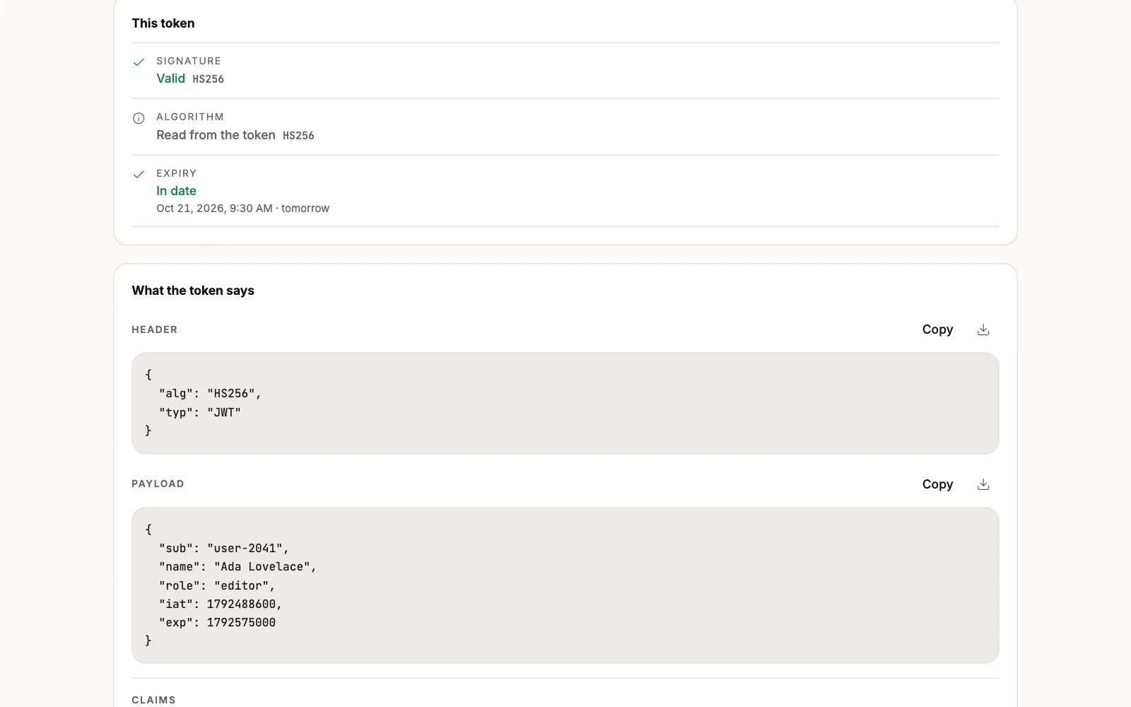 A JSON Web Token checked against its shared secret: the signature verdict and the decoded claims