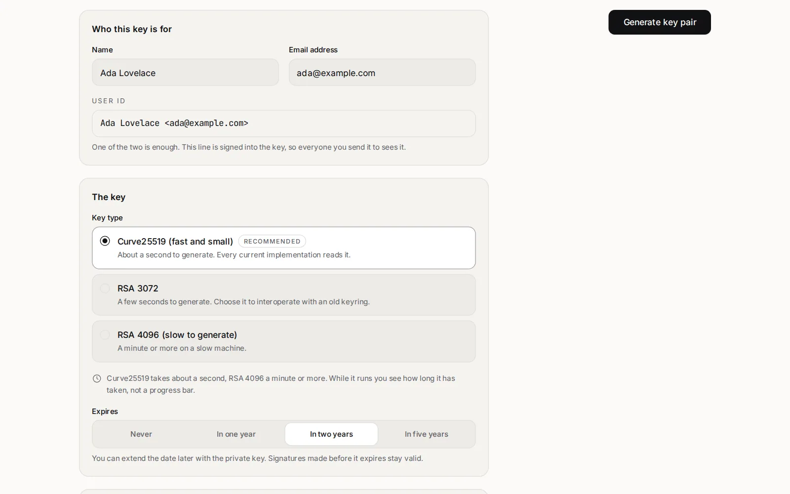 PGP Key Generator filled in: the user ID Ada Lovelace <ada@example.com>, Curve25519 chosen and marked Recommended, an expiry of two years and a hidden passphrase