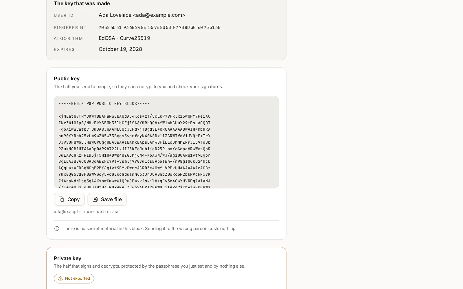 PGP Key Generator after a run: The key that was made, with the user ID, the full fingerprint, Curve25519 and the expiry date, then the public key, the private key and the revocation certificate offered as three separate files