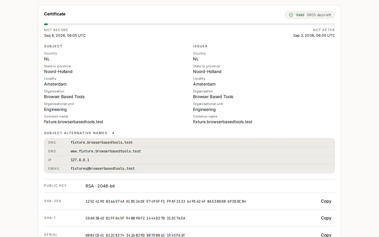 The SSL Certificate Viewer after Read certificate: a Certificate card with a Valid chip and the days left, a validity bar with the two dates, the subject and issuer fixture.browserbasedtools.test, its subject alternative names and the public key