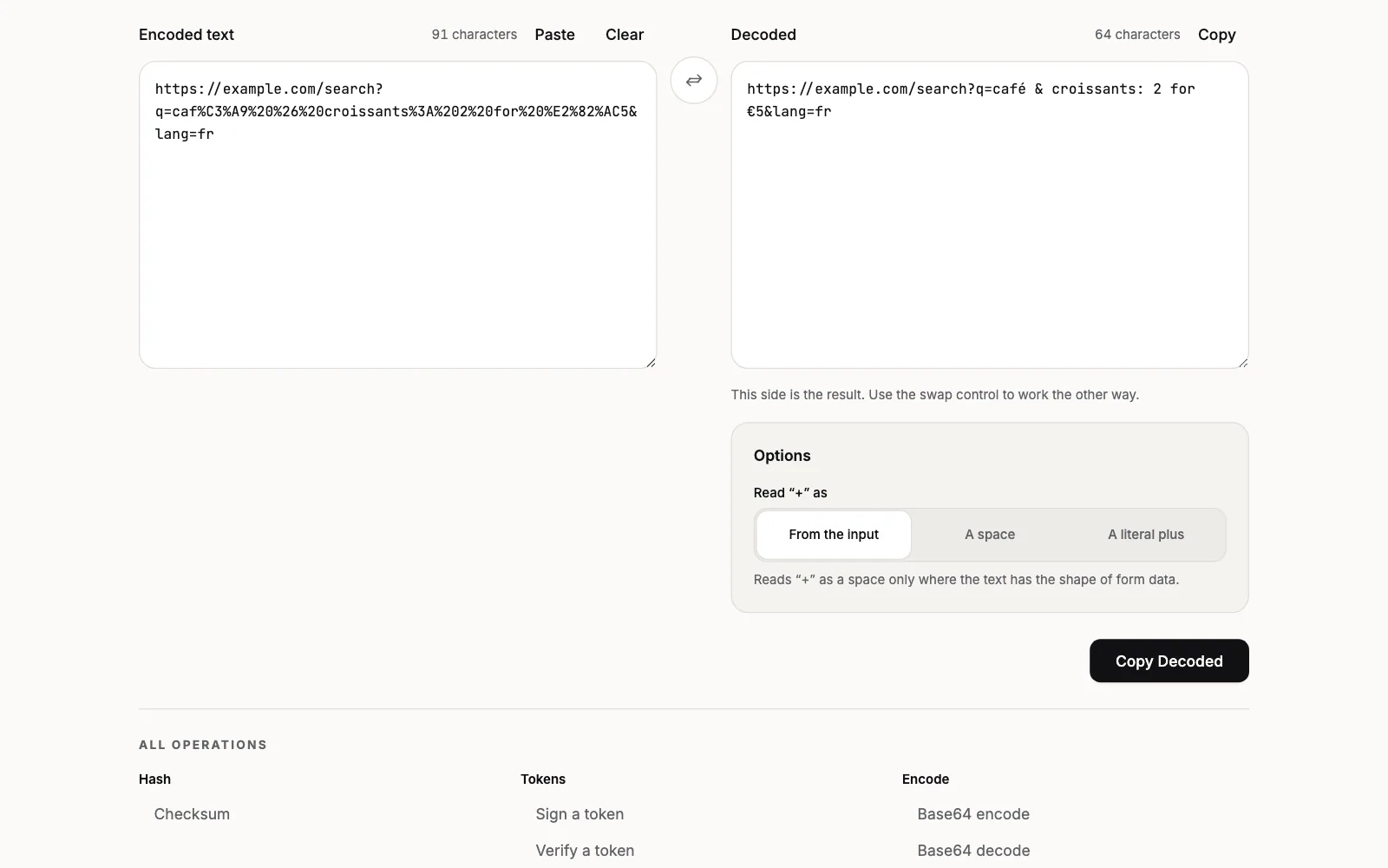 A percent-encoded URL decoded back into readable characters, accents and symbols included