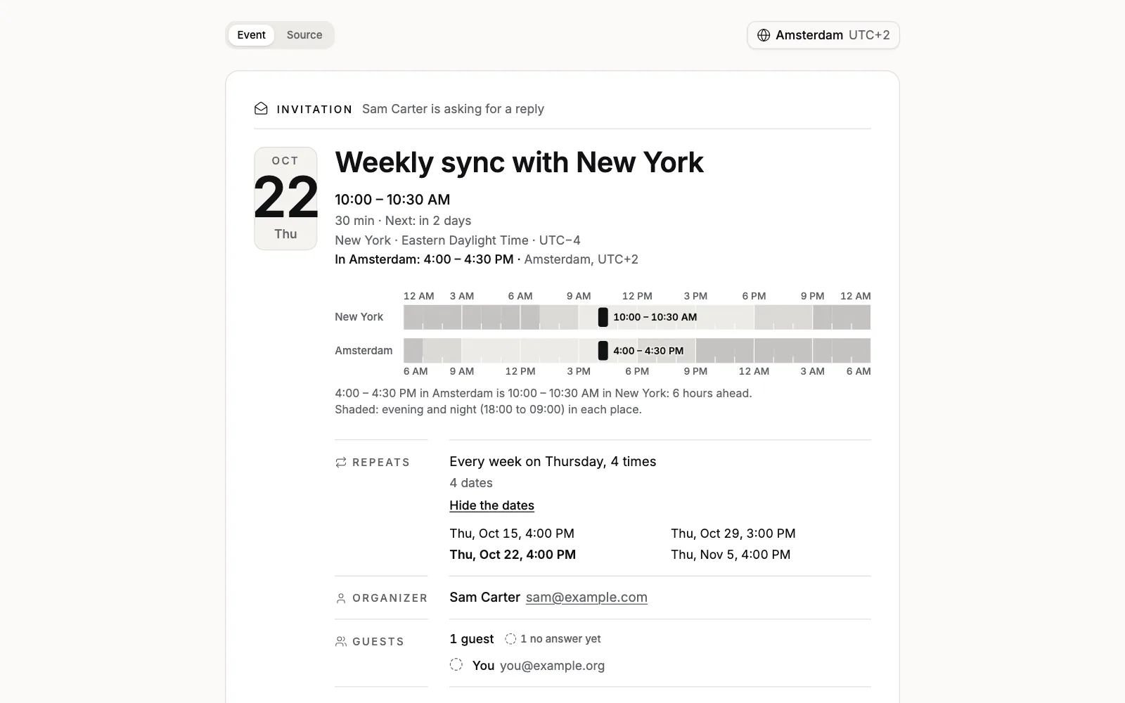 A weekly meeting set in New York, open in the Calendar Viewer with Amsterdam chosen as the time zone: the ruler lining up 10:00 to 10:30 AM in New York with 4:00 to 4:30 PM in Amsterdam, and under Repeats its four dates in Amsterdam time, Thu, Oct 29 at 3:00 PM and the other three at 4:00 PM