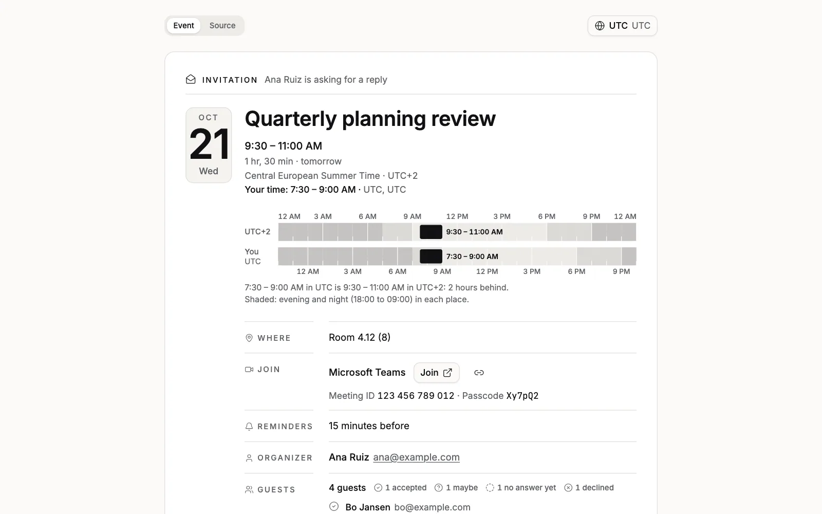 An Outlook meeting invitation open in the Calendar Viewer: the Invitation banner reading Ana Ruiz is asking for a reply, the title Quarterly planning review on Wednesday 21 October, 9:30 to 11:00 AM in Central European Summer Time with Your time: 7:30 to 9:00 AM UTC below it, the zone ruler lining up both places, and the room under Where