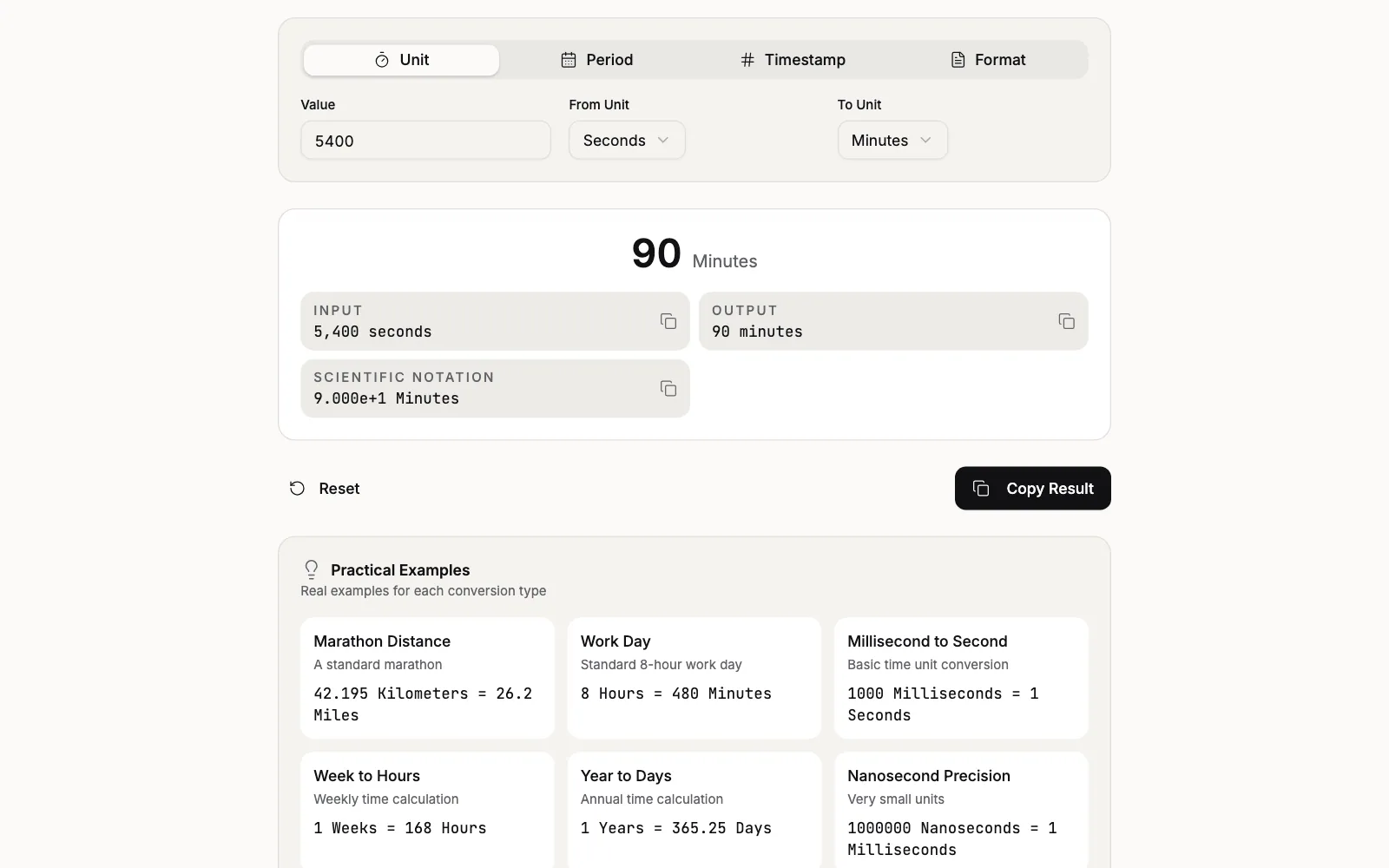 Converting 5,400 seconds to minutes: the result of 90 minutes, worked out in the browser