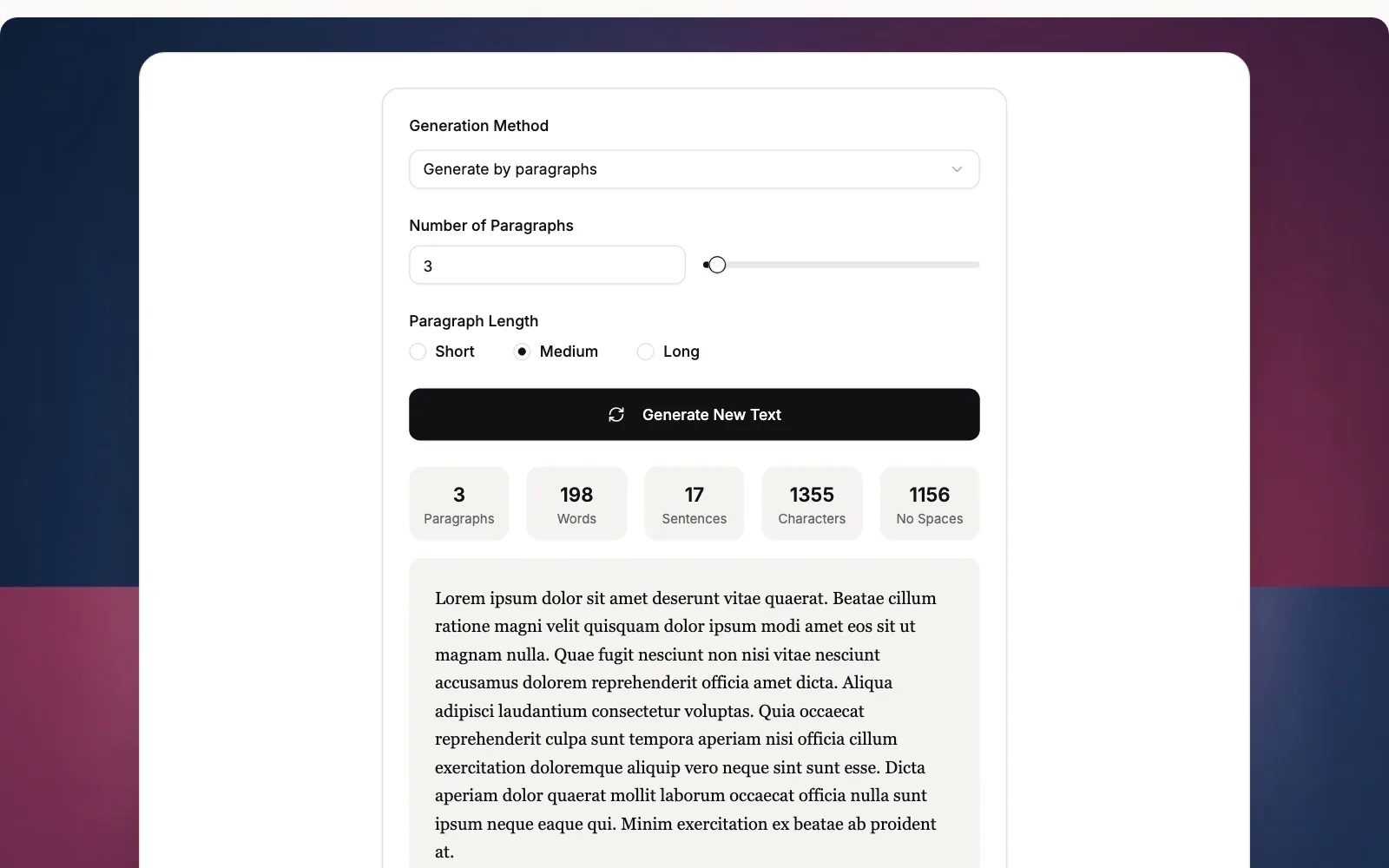 Three paragraphs of generated lorem ipsum with their word, sentence and character counts