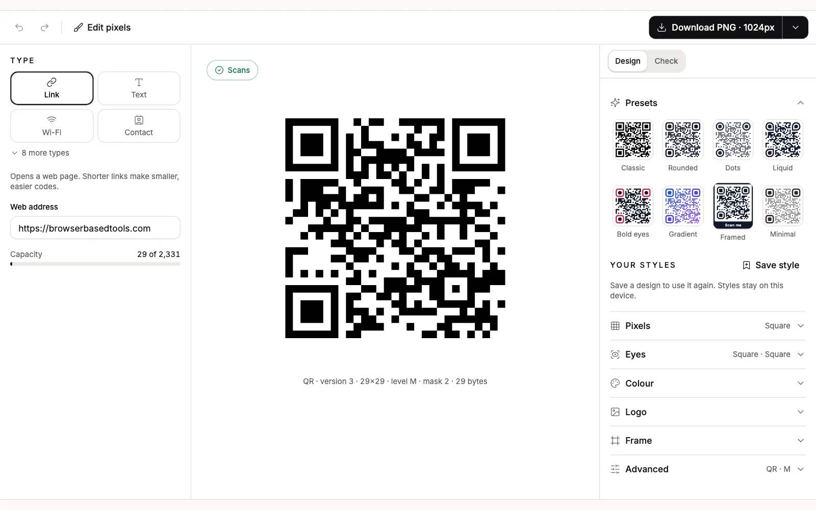 A QR code for a web address, with the design and download options beside it