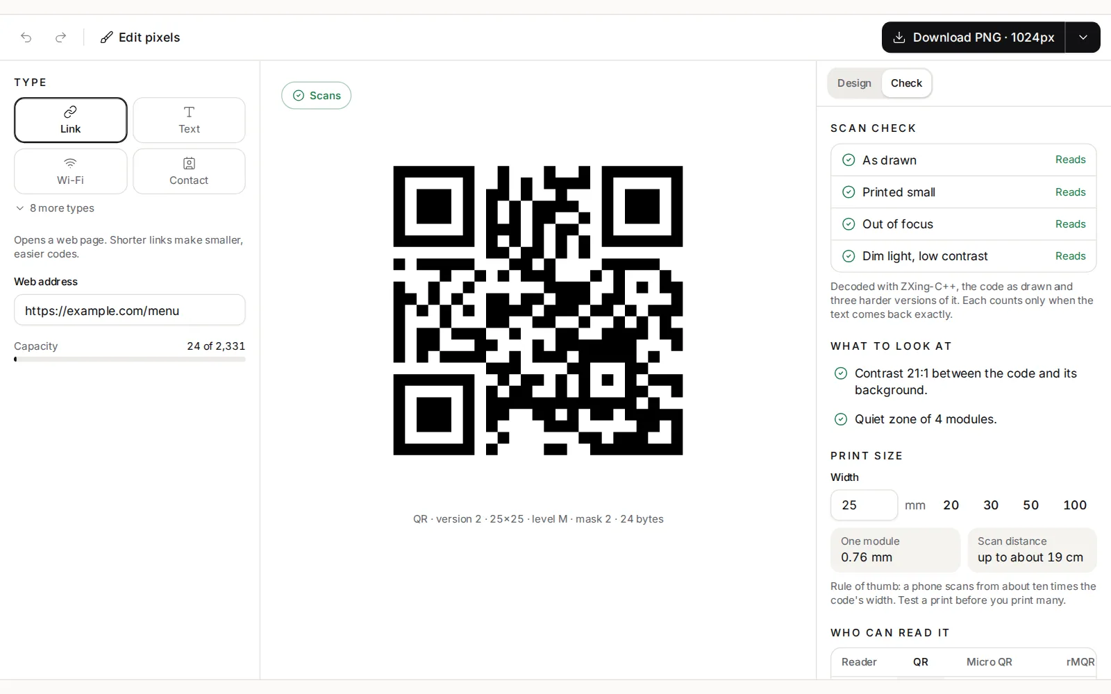 The QR Code Generator with a code for example.com/menu on the Check tab: all four scan conditions read, the print width is set to 25 mm, and the readout gives one module as 0.76 mm and a scan distance of up to about 19 cm